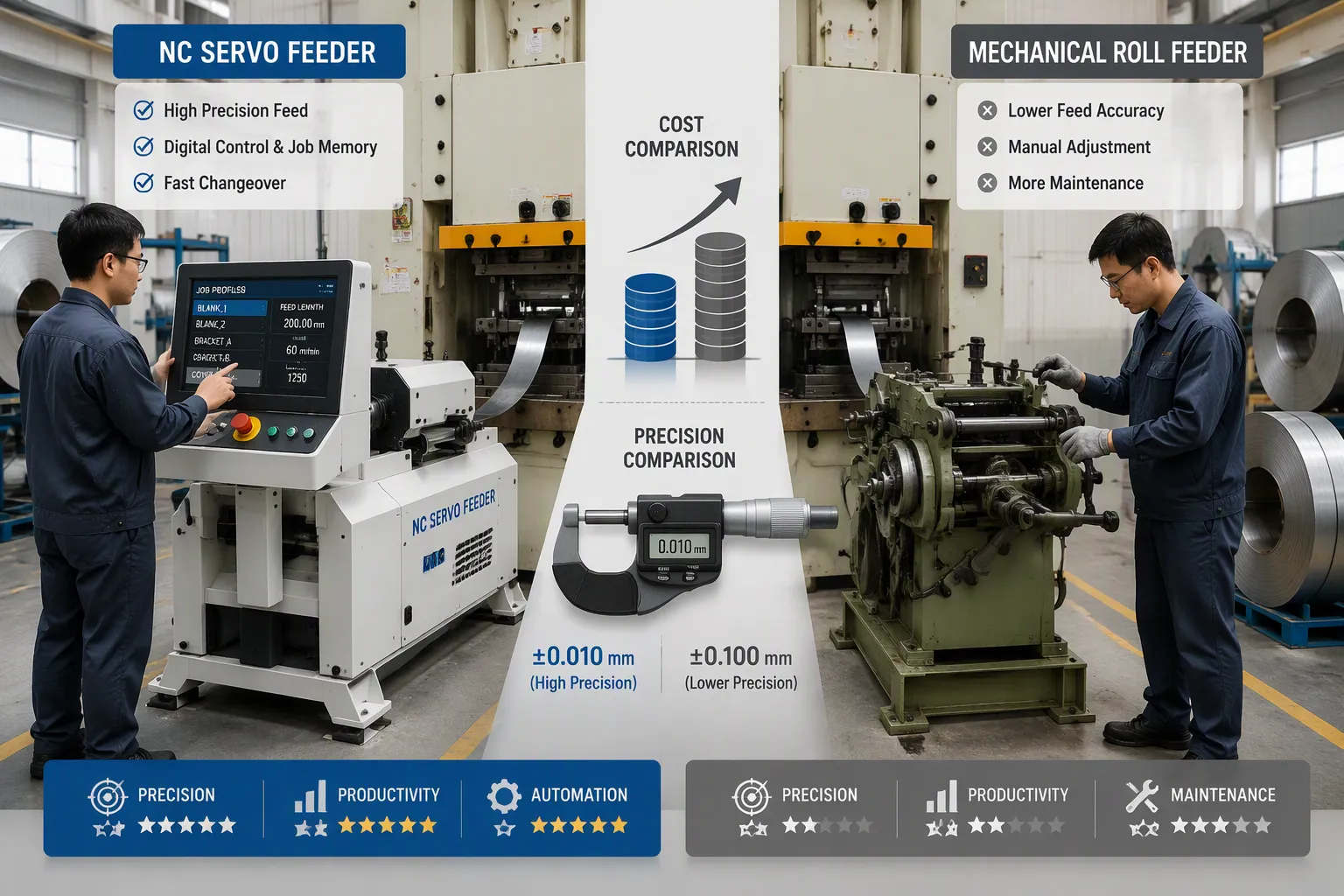 NC Servo Feeder Cost and Total Value of Ownership Bar chart comparing the initial purchase price, maintenance costs, and long-term ROI of NC servo feeders versus mechanical roll feeders