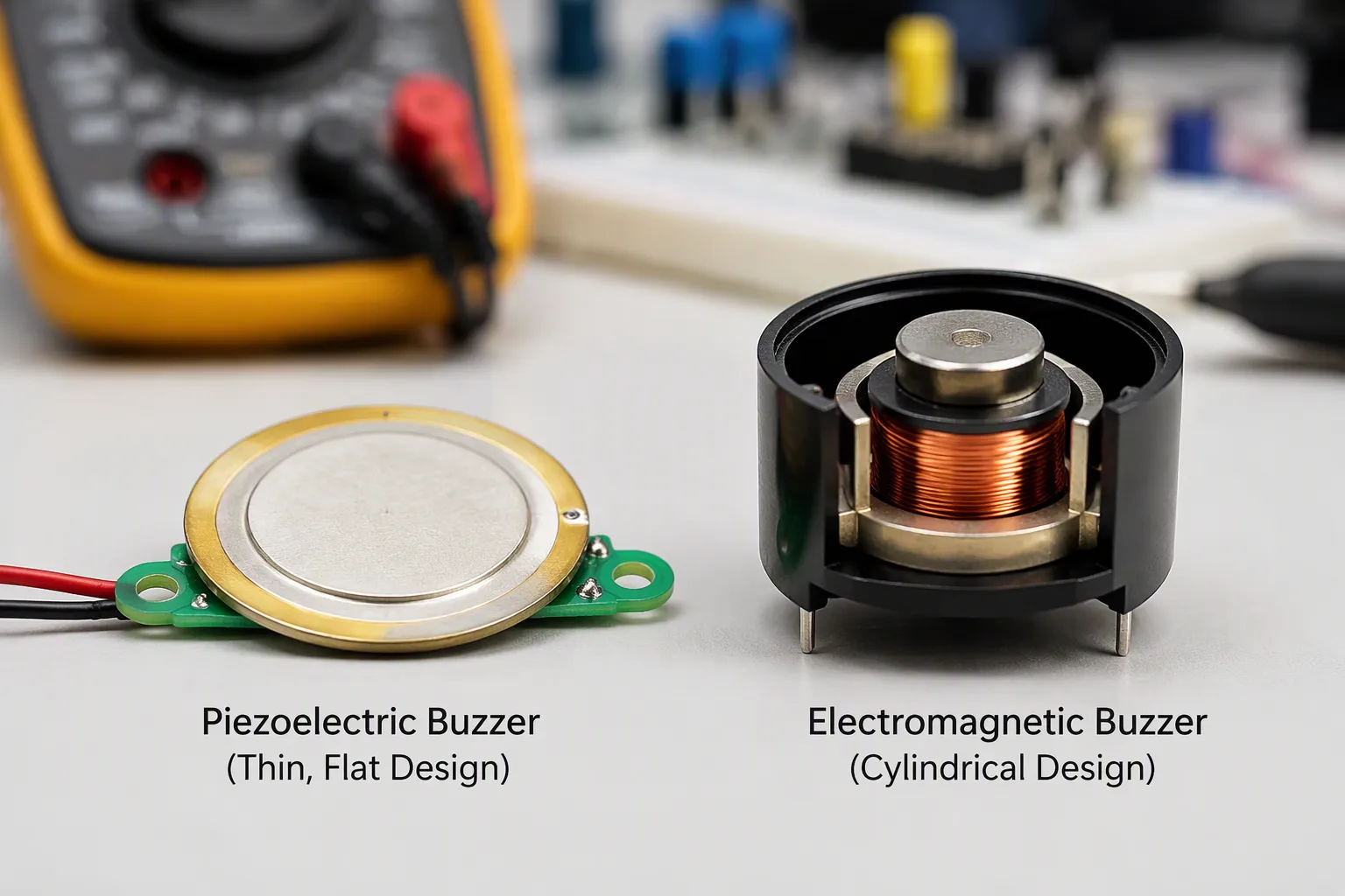 Quick reference chart comparing voltage ranges, current consumption, and sound characteristics of piezo versus magnetic buzzers