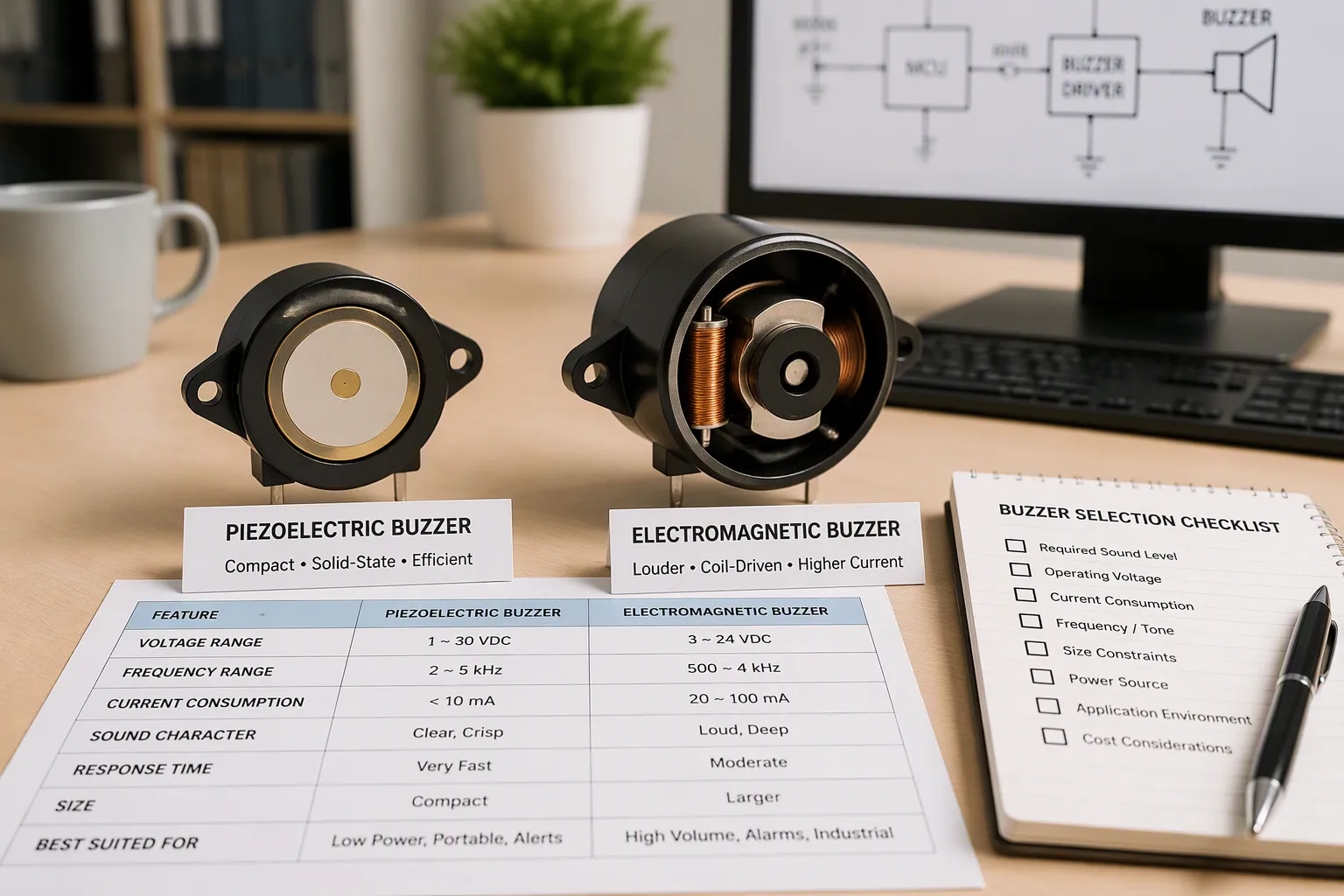 Decision flowchart for engineers choosing between piezoelectric and electromagnetic buzzers based on voltage current and sound requirements