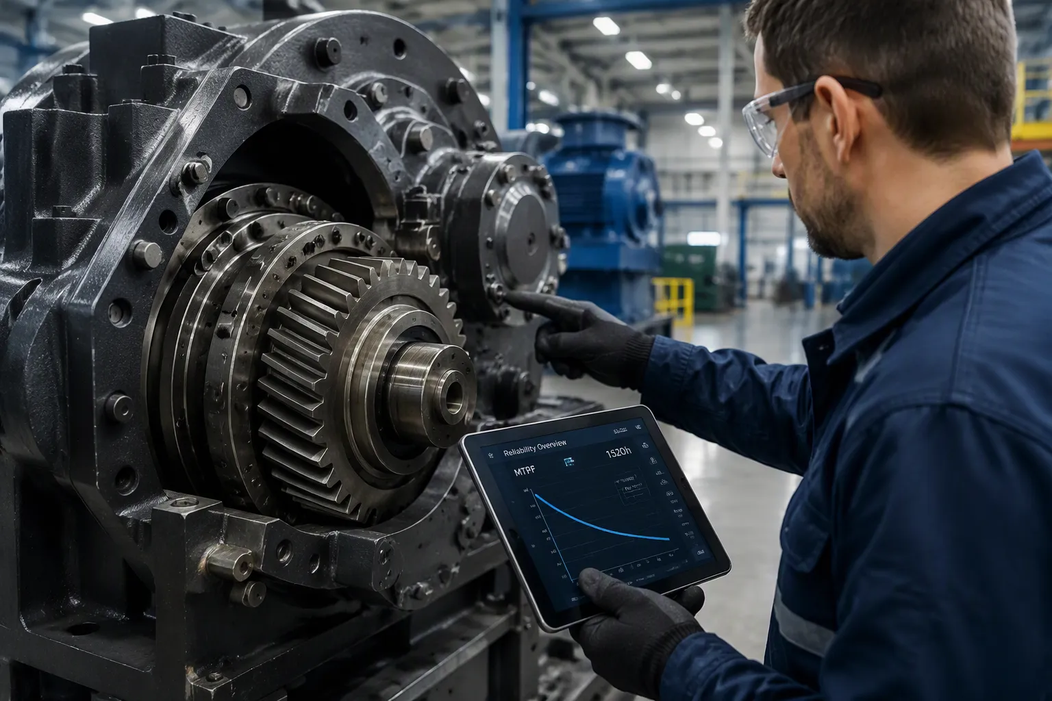 Industrial gearbox cutaway showing internal gears and bearings for reliability analysis