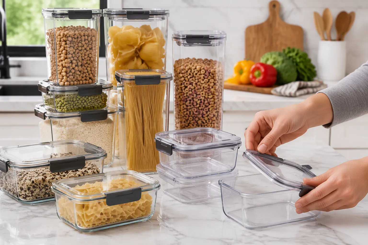 Stackable rectangular PP food storage containers maximizing fridge space