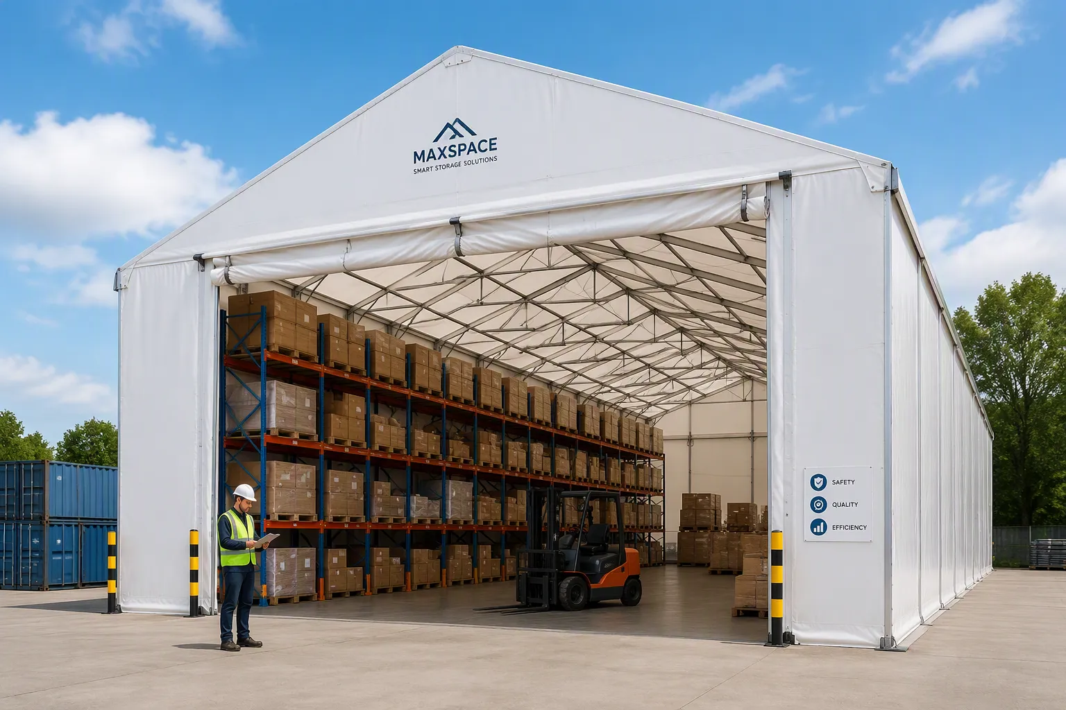 Interior view of temporary warehouse tent showing column-free space for forklifts and pallet racking