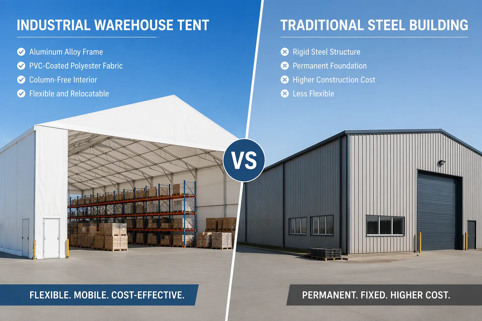 Data table comparing industrial tent and steel warehouse durability