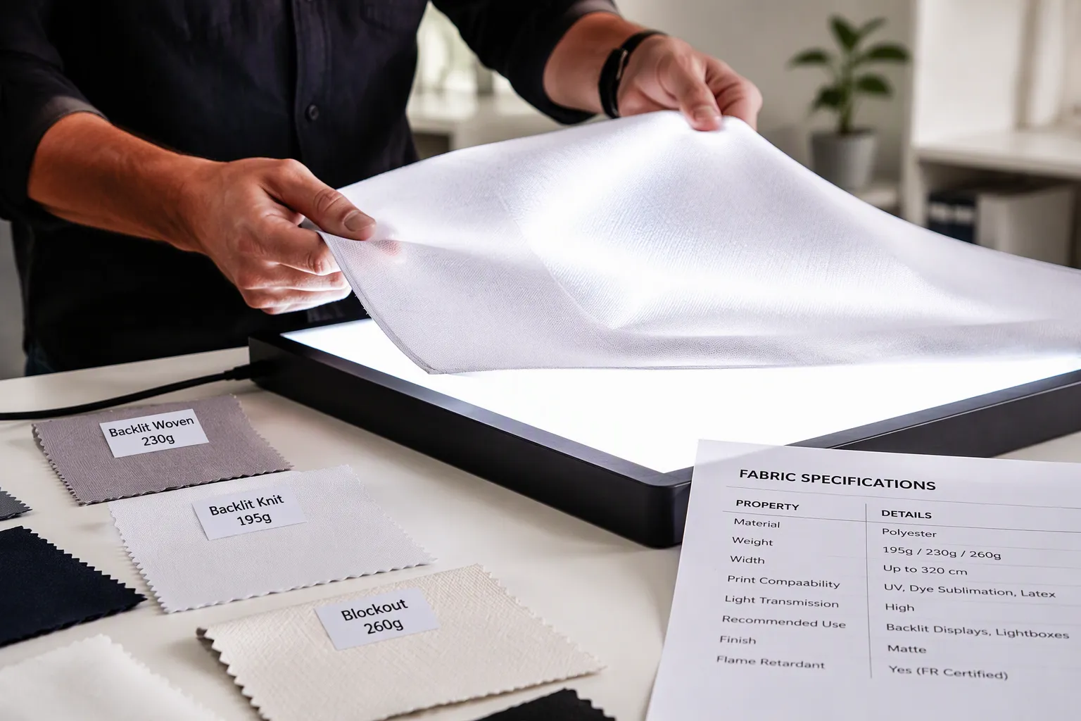 Close-up of backlit polyester tension fabric texture for SEG displays