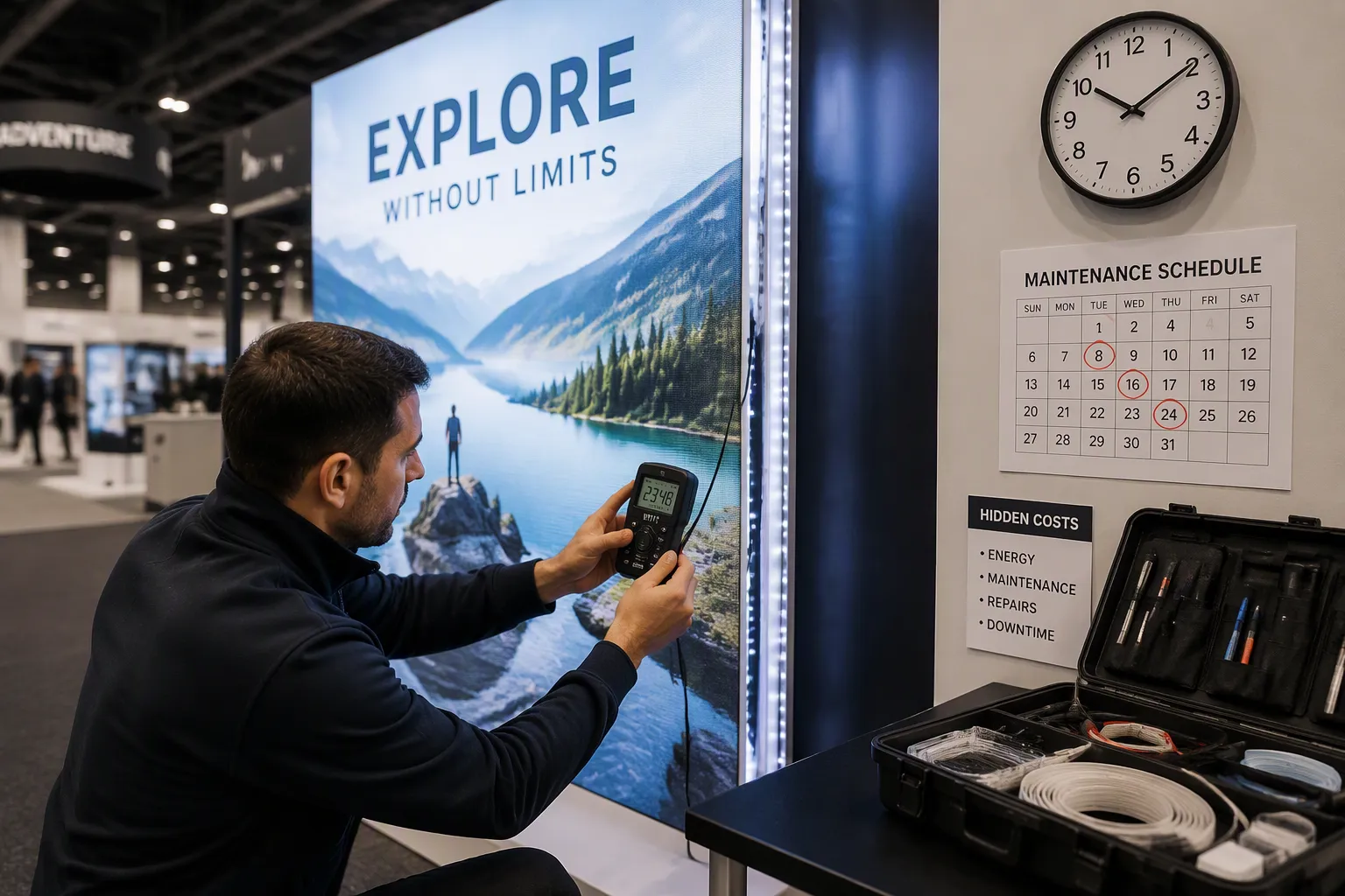 Breakdown of hidden costs in trade show displays including drayage, union labor, and energy consumption