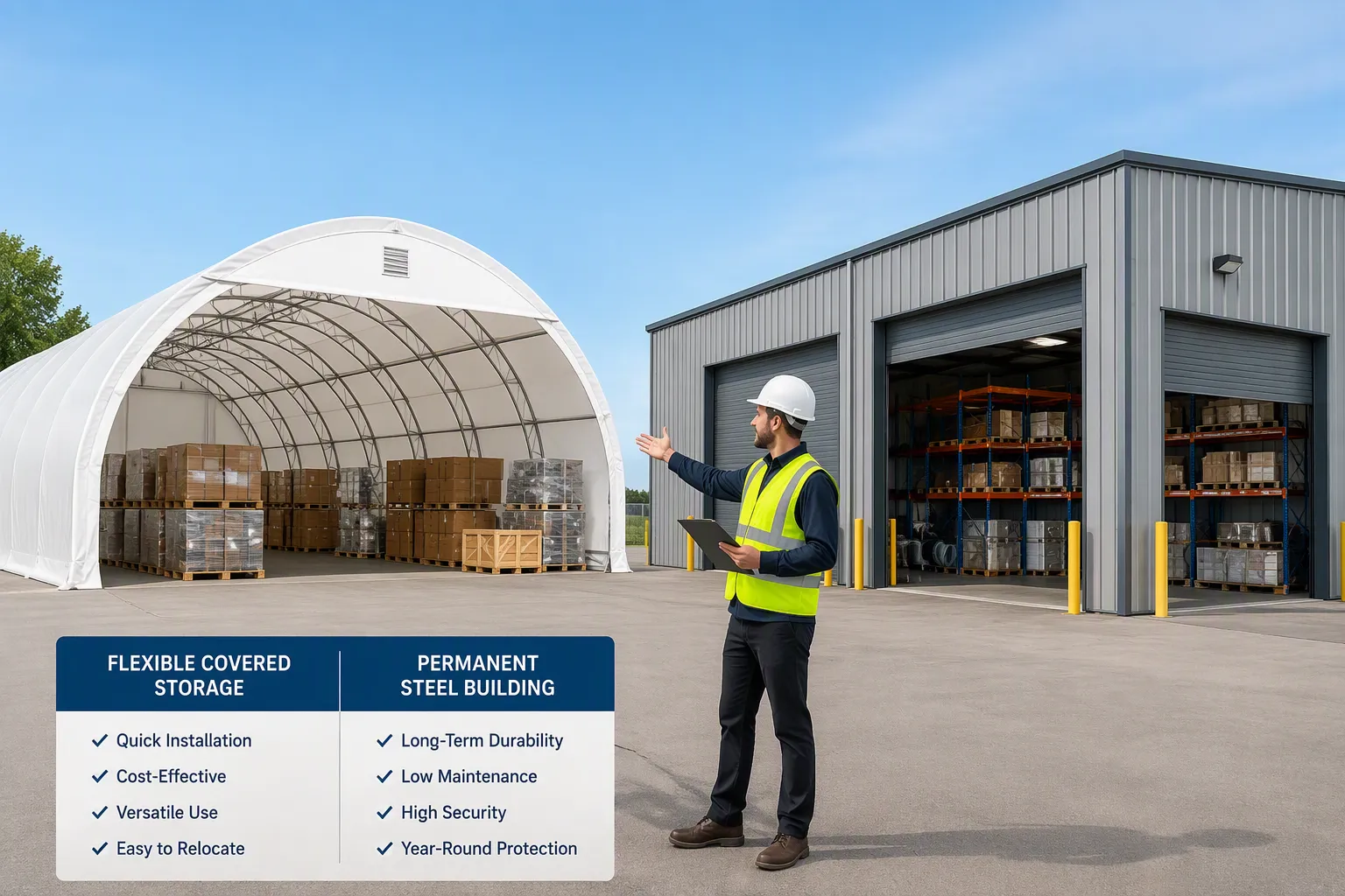 Comparison of warehouse tent and steel building construction speed and cost