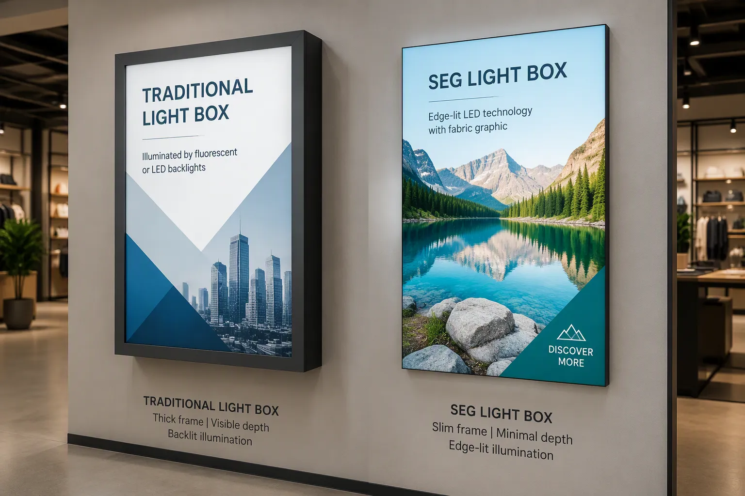 Side-by-side comparison of frameless SEG fabric light box and traditional snap frame acrylic light box