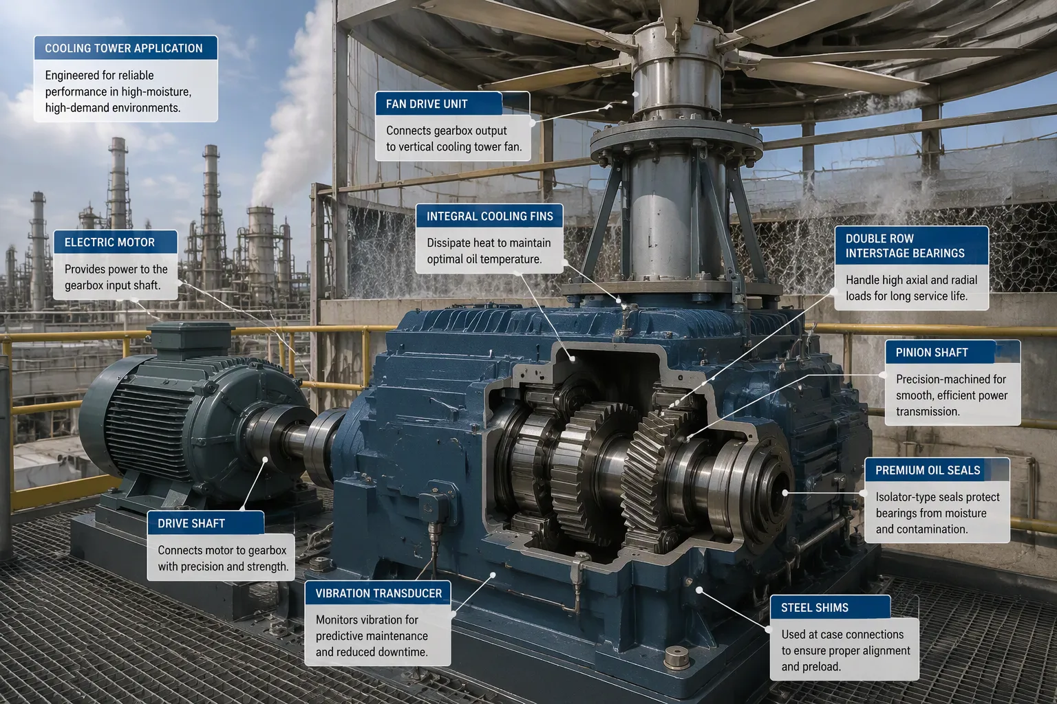 Cooling tower gearbox used as a speed reducer between motor and fan