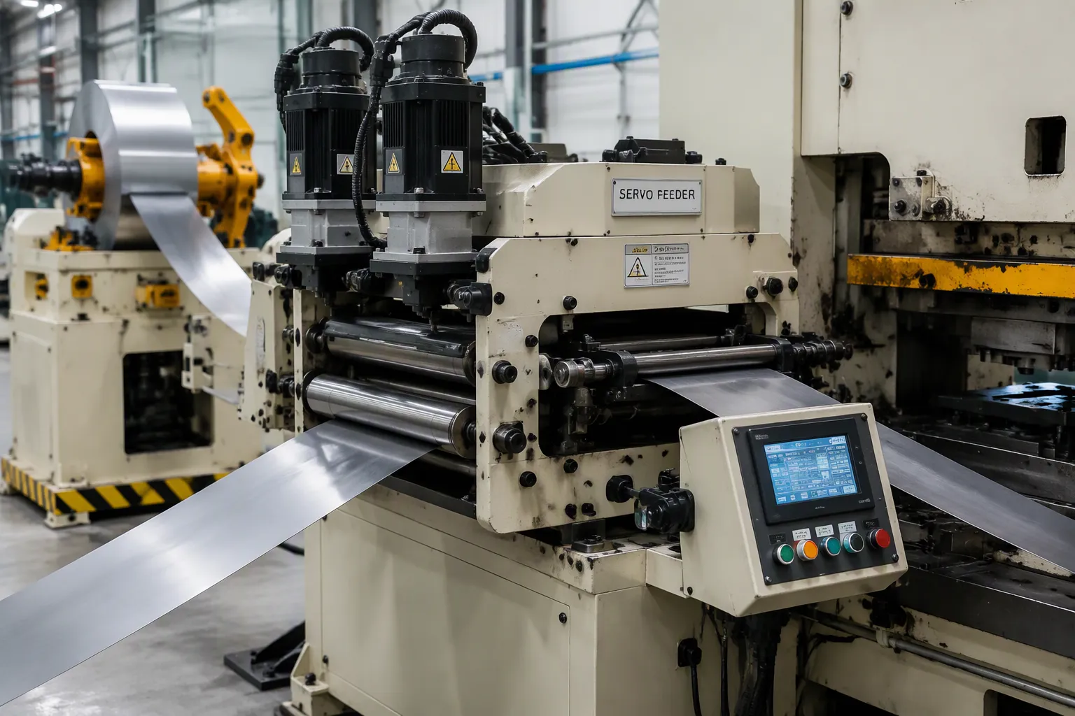 Servo feeder and decoiler feeding steel strip into a stamping press