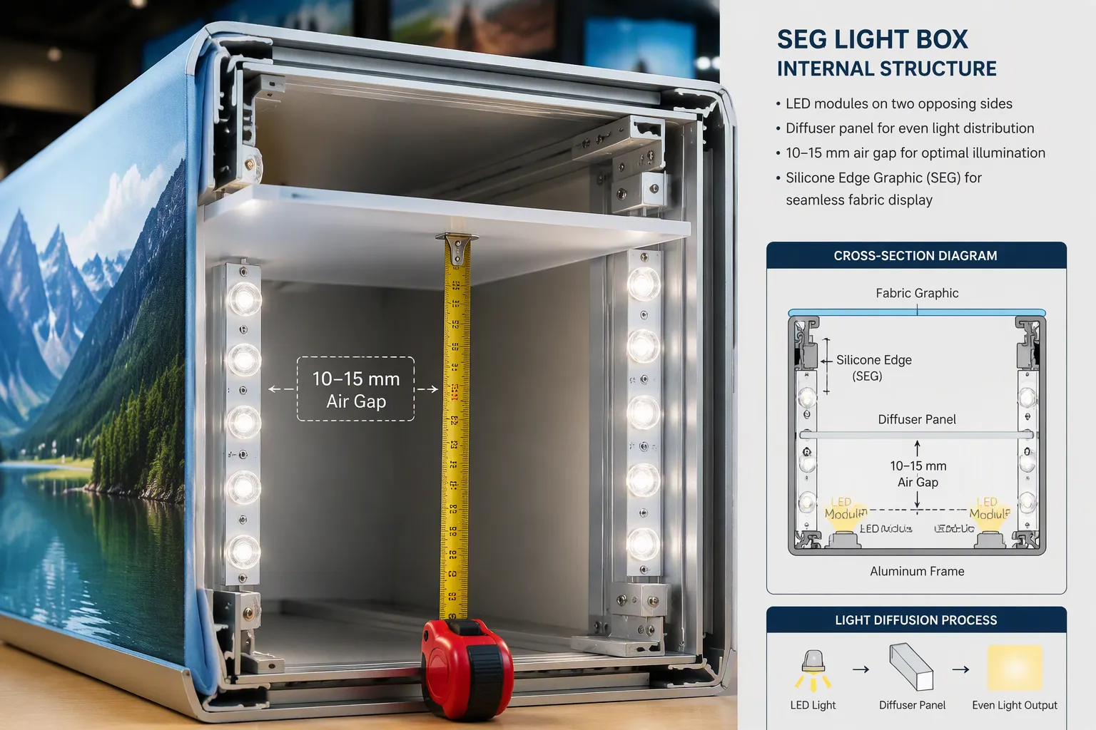 LED strip layout and batwing optics inside an aluminum SEG frame