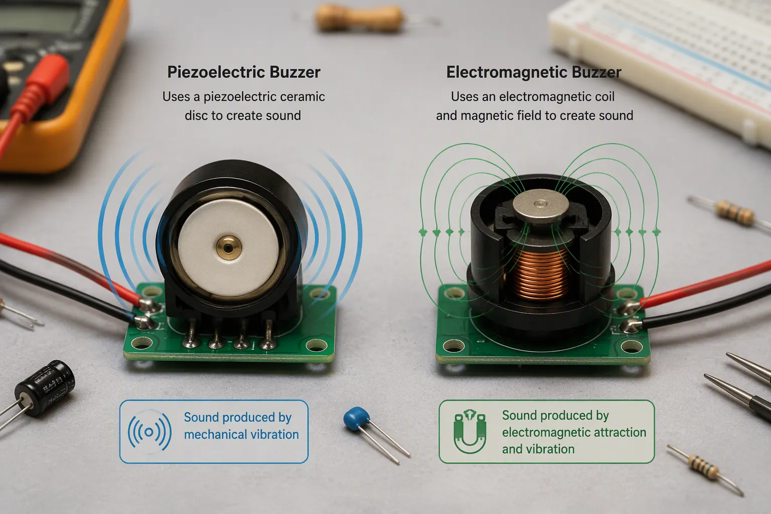 Internal structure comparison diagram showing the ceramic disk of a piezoelectric buzzer versus the coil and magnet assembly of an electromagnetic buzzer