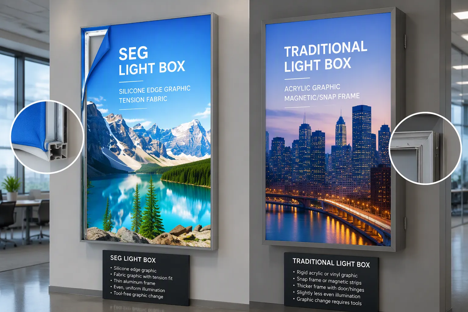 Anatomy of a SEG light box showing silicone edge graphic inserted into an aluminum frame groove