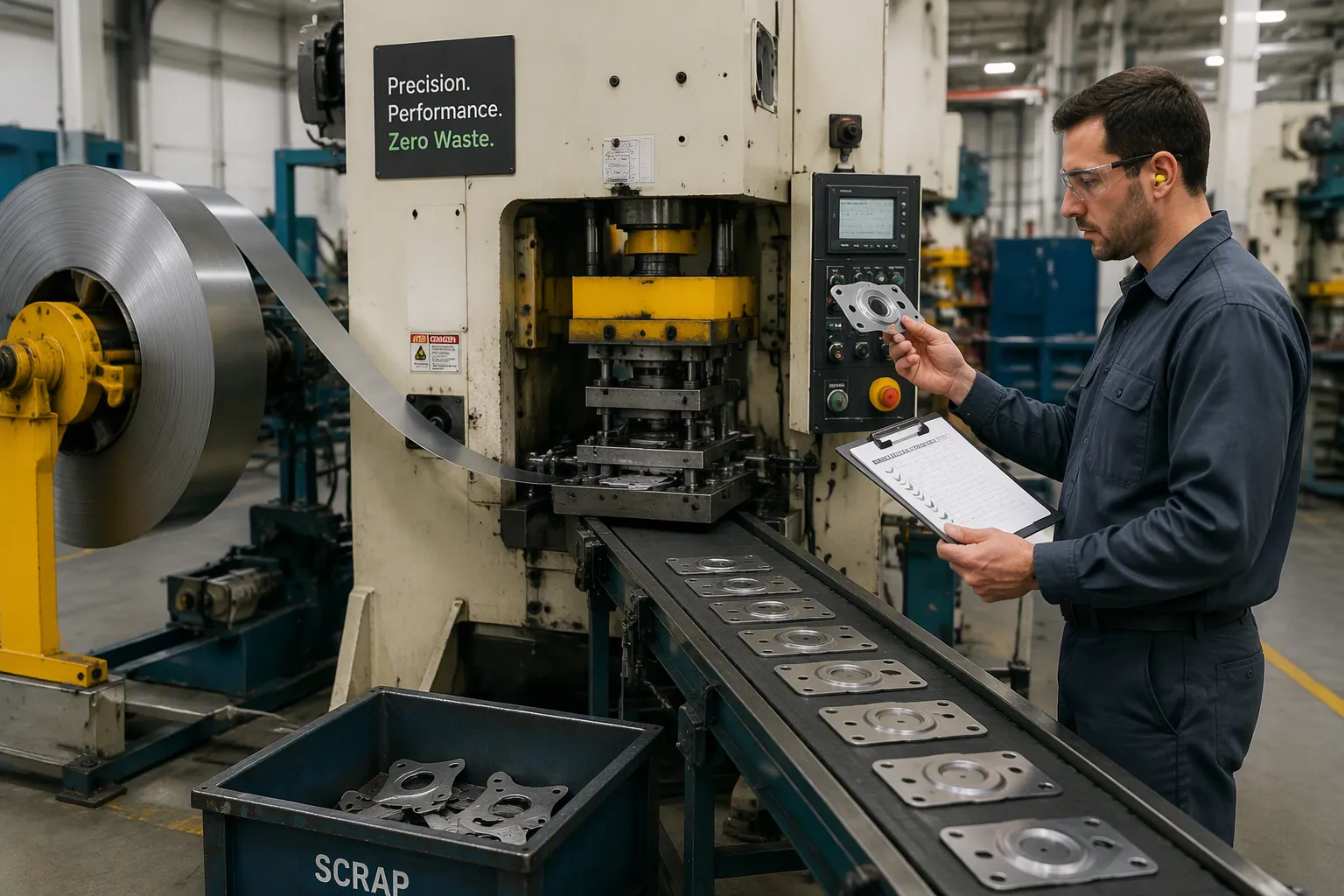 Coil-fed stamping press with an operator inspecting a stamped part beside a scrap bin
