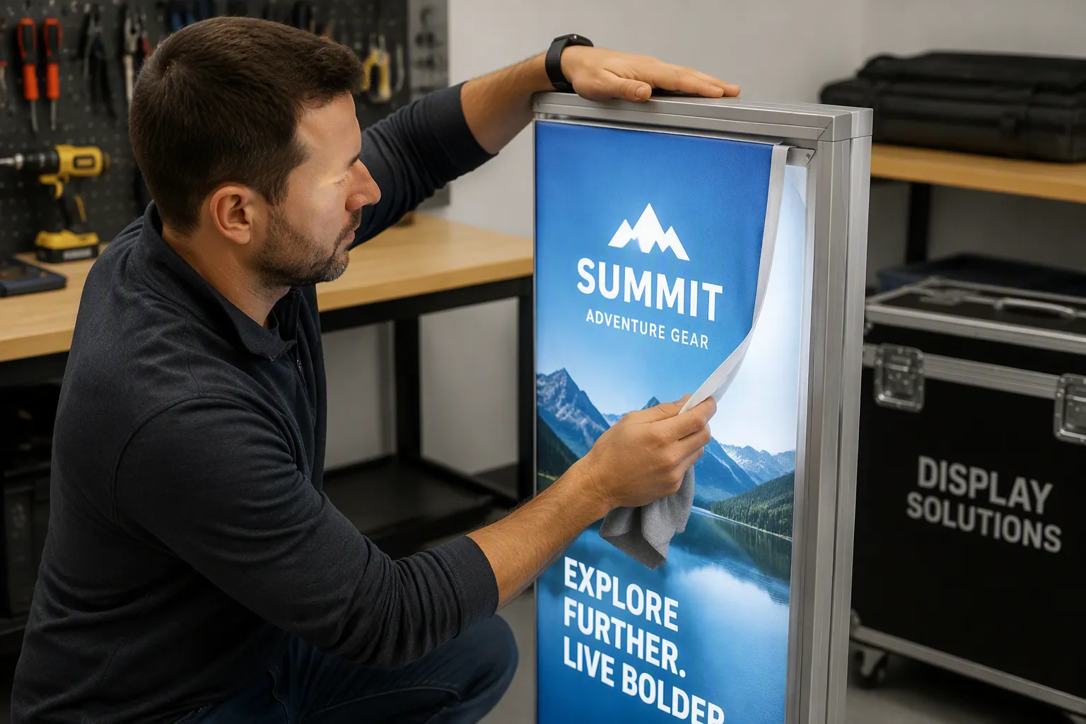 Booth contractor testing modular light box system durability and setup time