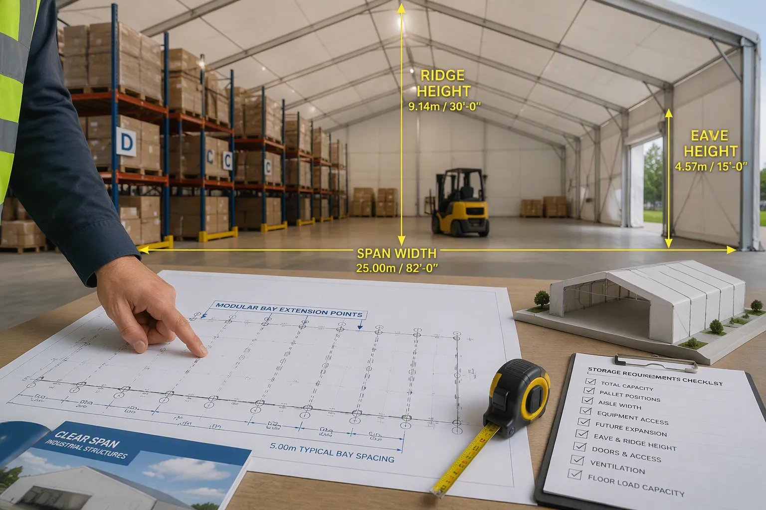 Custom aluminum frame warehouse tent dimensions and clear span layout