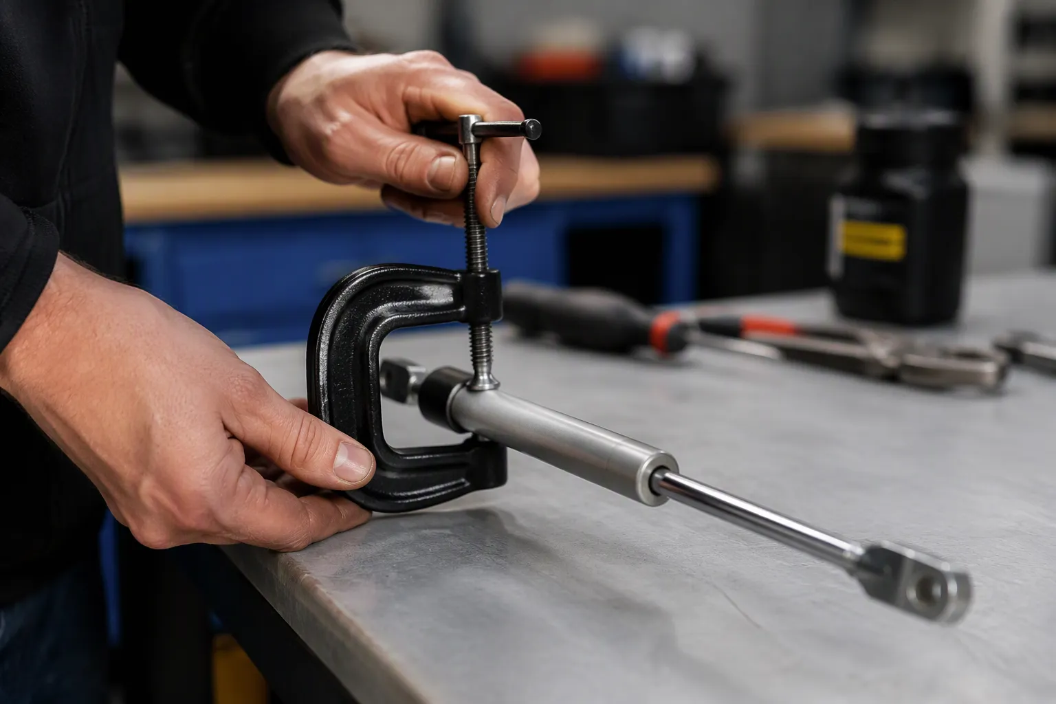 Step-by-step guide to compressing a gas strut using a bench vise or C-clamp safely