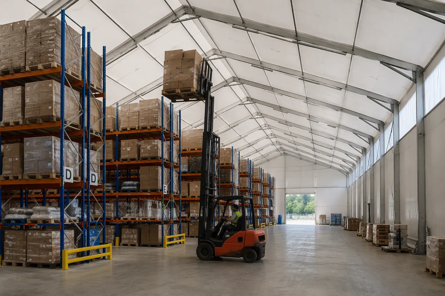 Modular warehouse tent foundation and anchoring options for various terrains