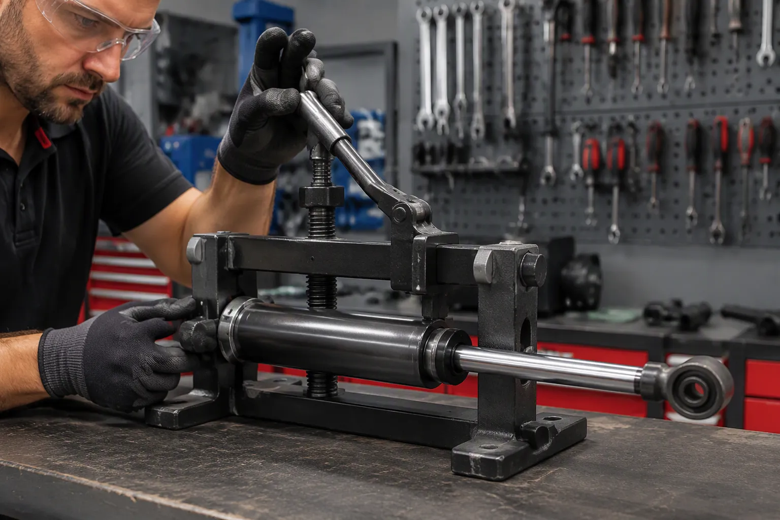 Using a C-clamp or bench vise to safely compress a gas strut before installation