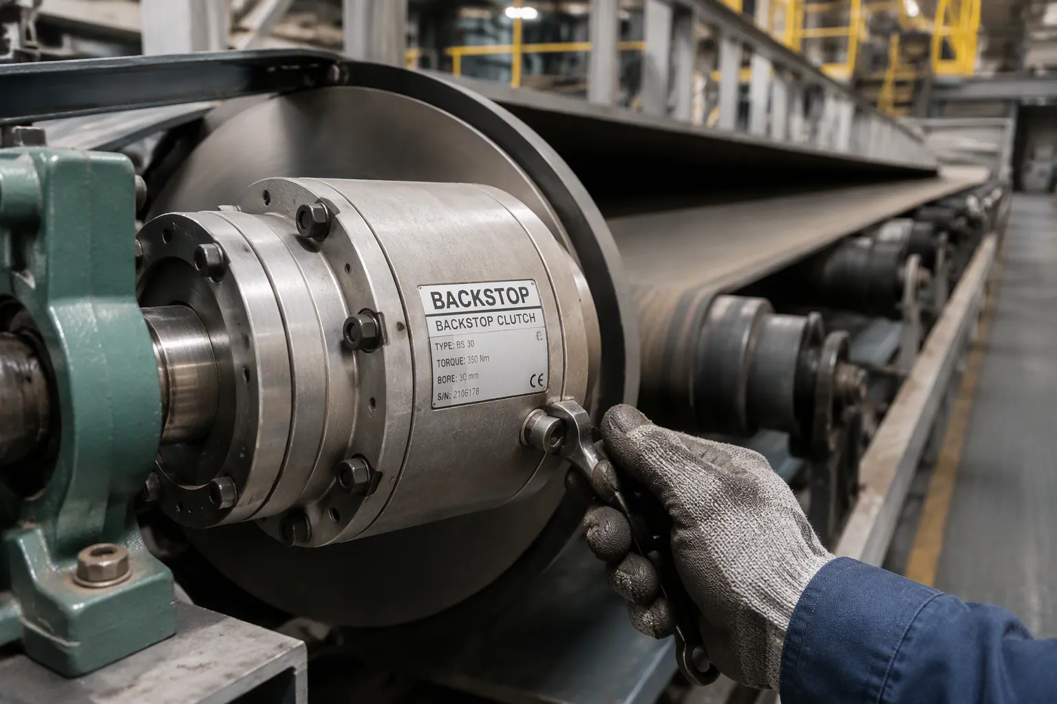 Engineer selecting the right backstop clutch for an inclined industrial conveyor system