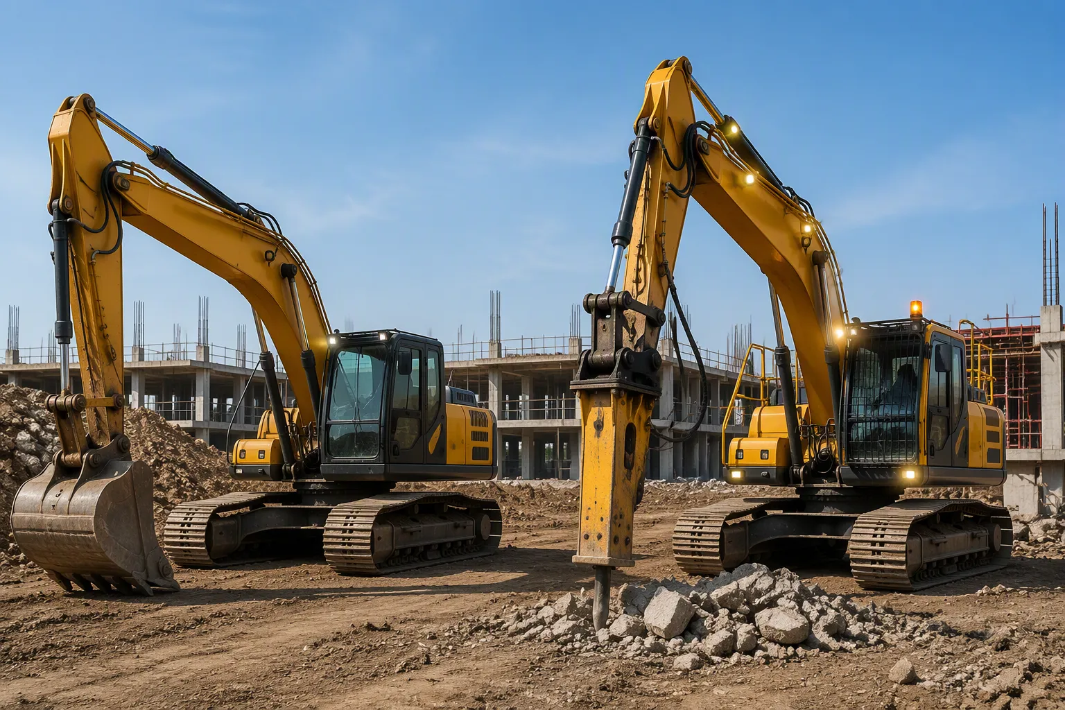Comparison of standard crawler excavator and customized amphibious excavator on diverse construction sites