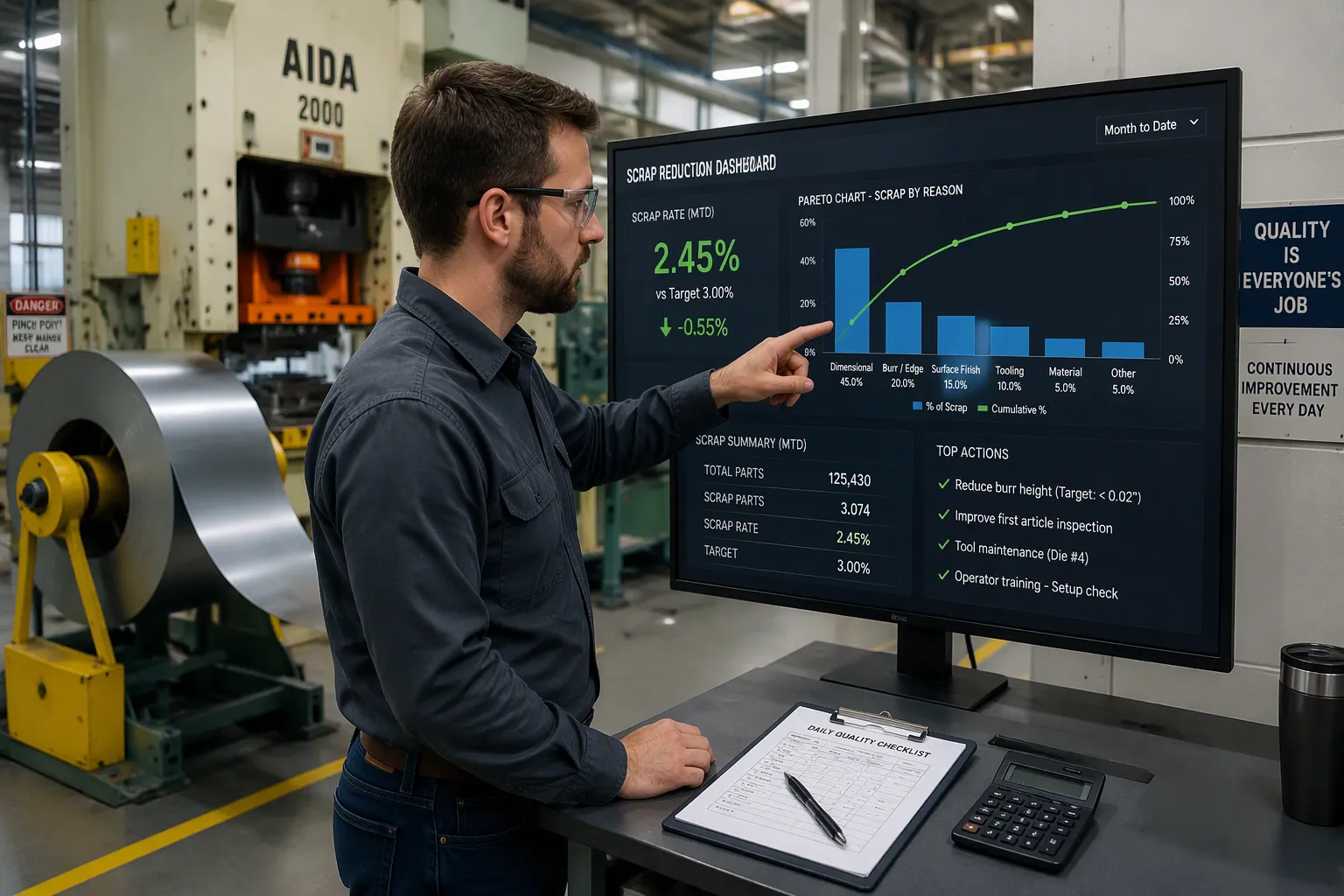 Shop-floor dashboard showing scrap rate against target with a Pareto chart of scrap causes