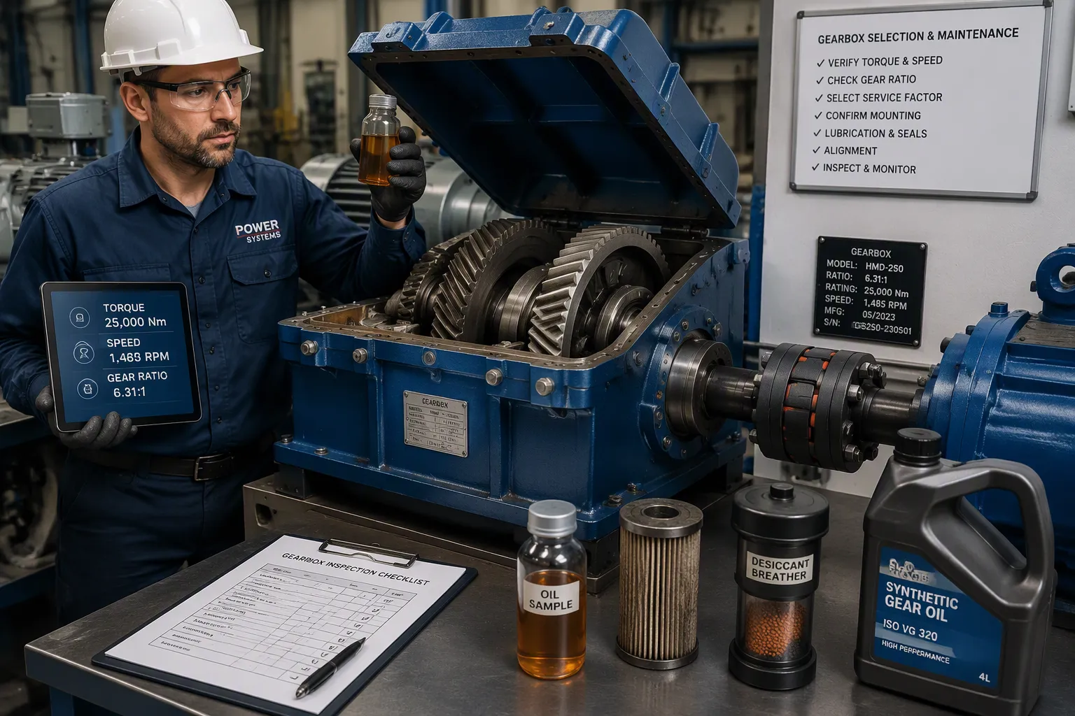 Engineer selecting an industrial gearbox by torque, speed and duty cycle