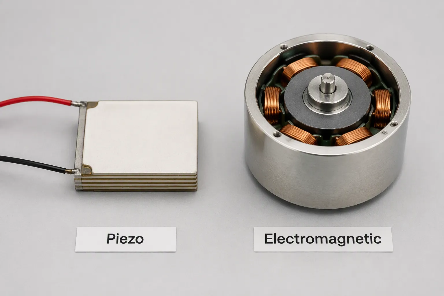 Comparison between piezoelectric and electromagnetic technologies in actuators and buzzers