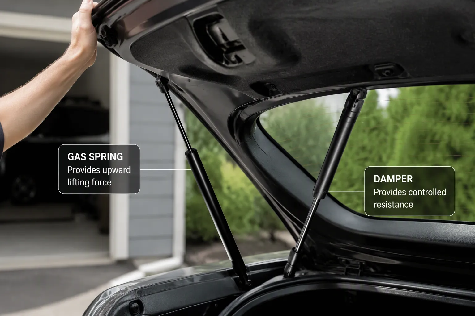 Visual comparison of internal mechanics: Gas Spring vs. Damper by JUTENG