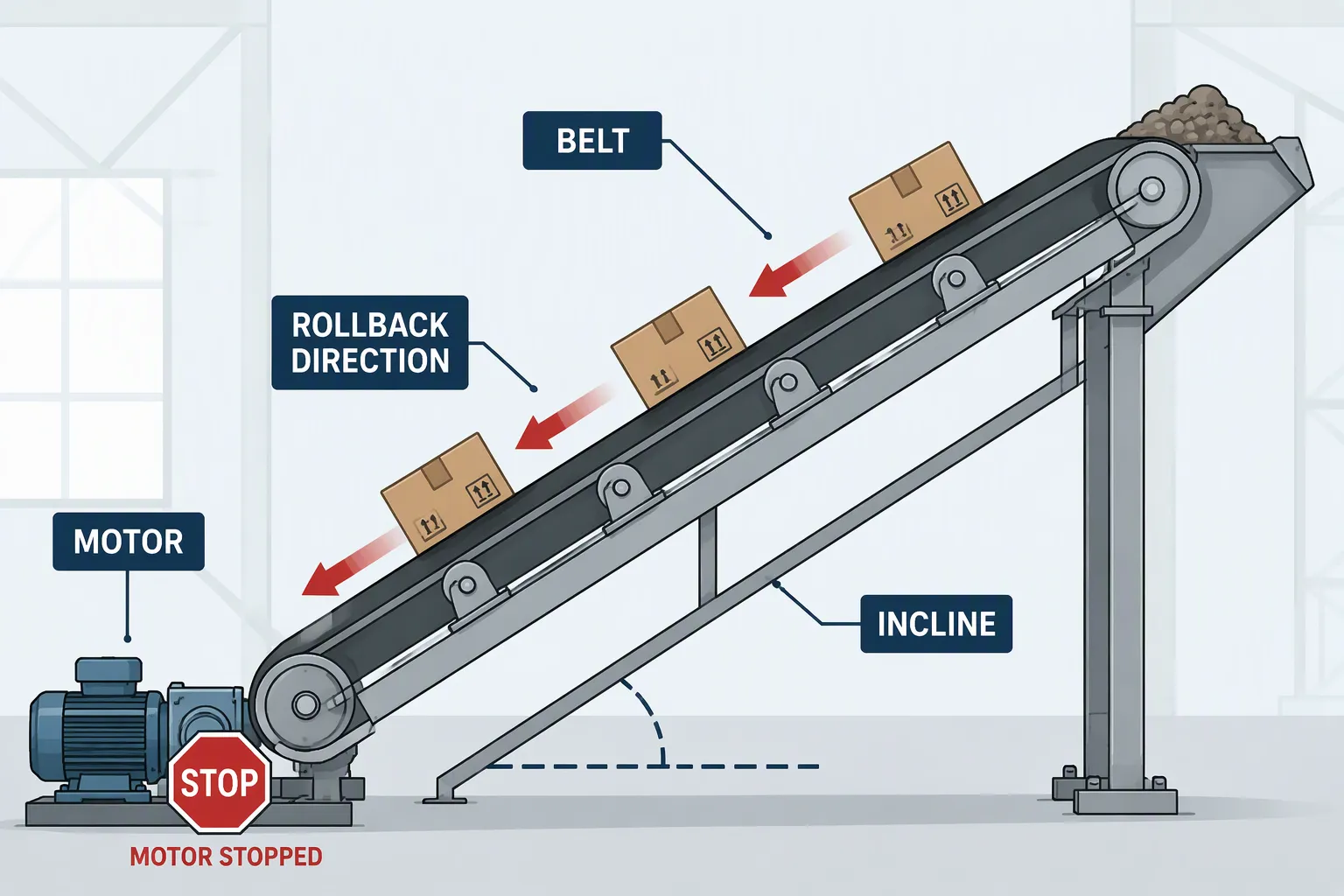 Loaded inclined belt conveyor at a bulk material handling plant at the moment the drive stops