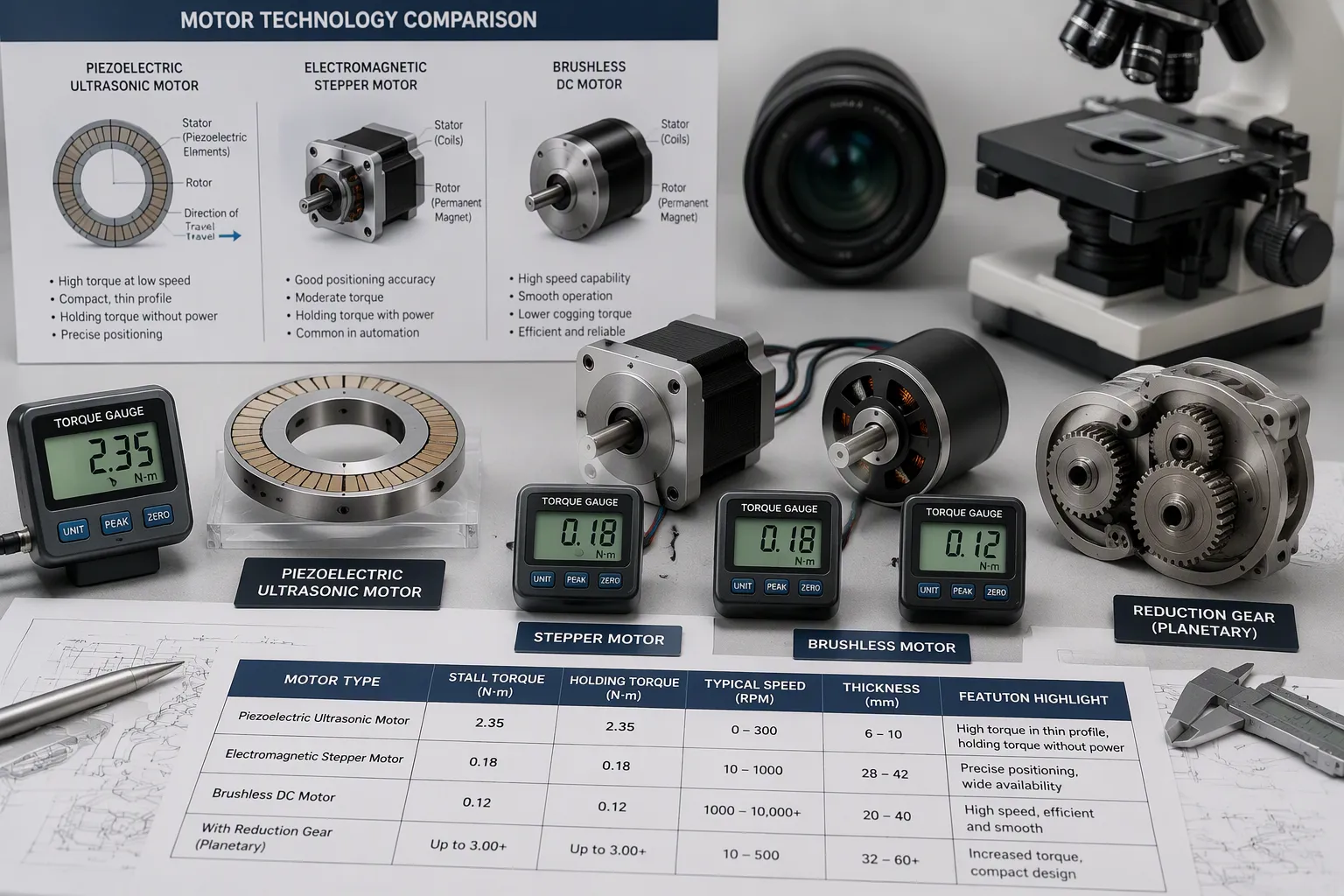 Performance metrics comparing piezoelectric ultrasonic motors, linear motors, and acoustic buzzers