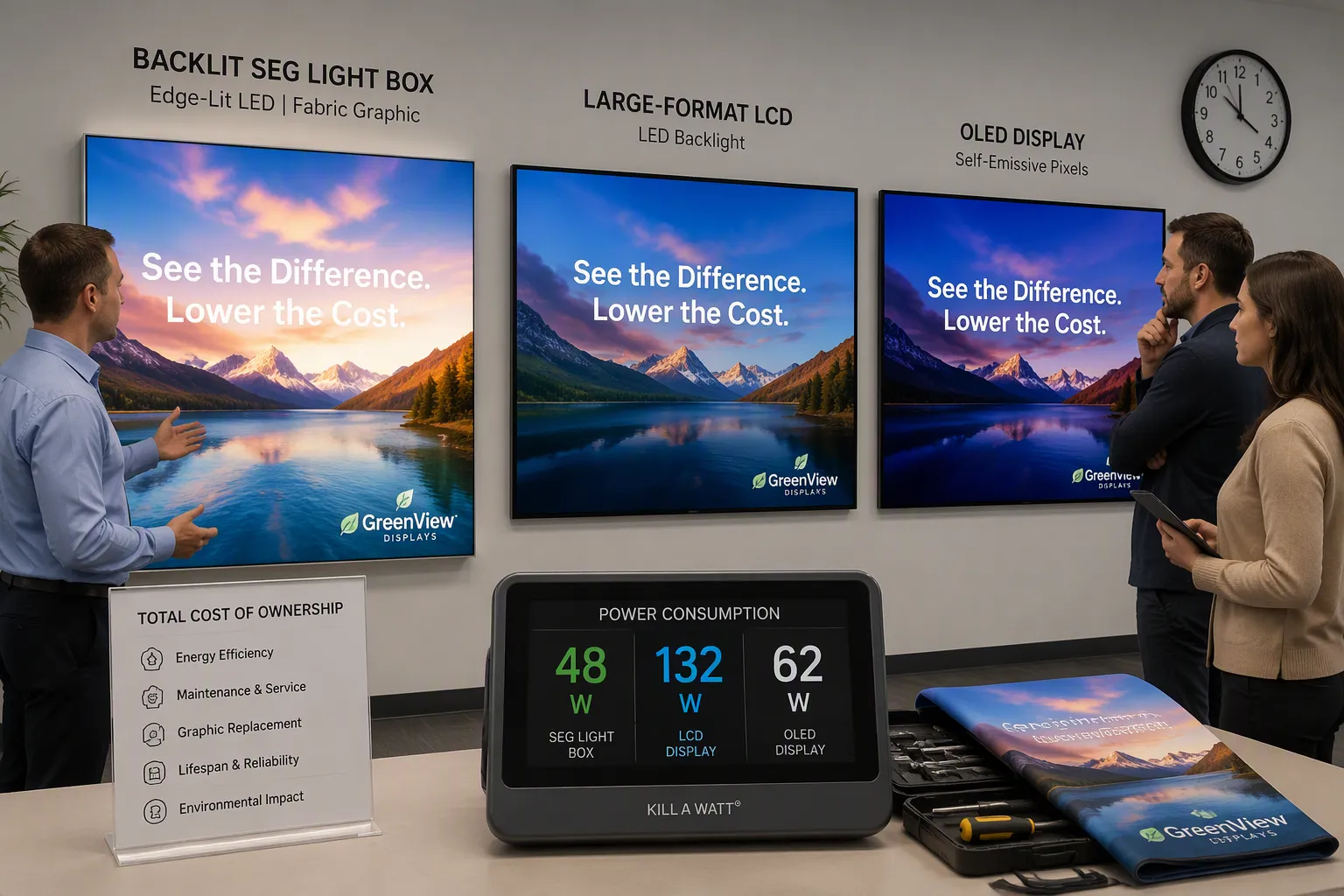 5-year TCO comparison chart between SEG light boxes, LCD video walls, and traditional custom booths