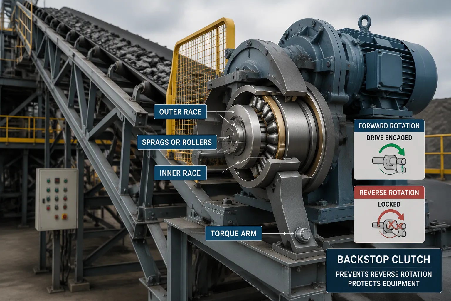 Backstop clutch mounted on a conveyor drive shaft with the torque arm anchored to the machine frame