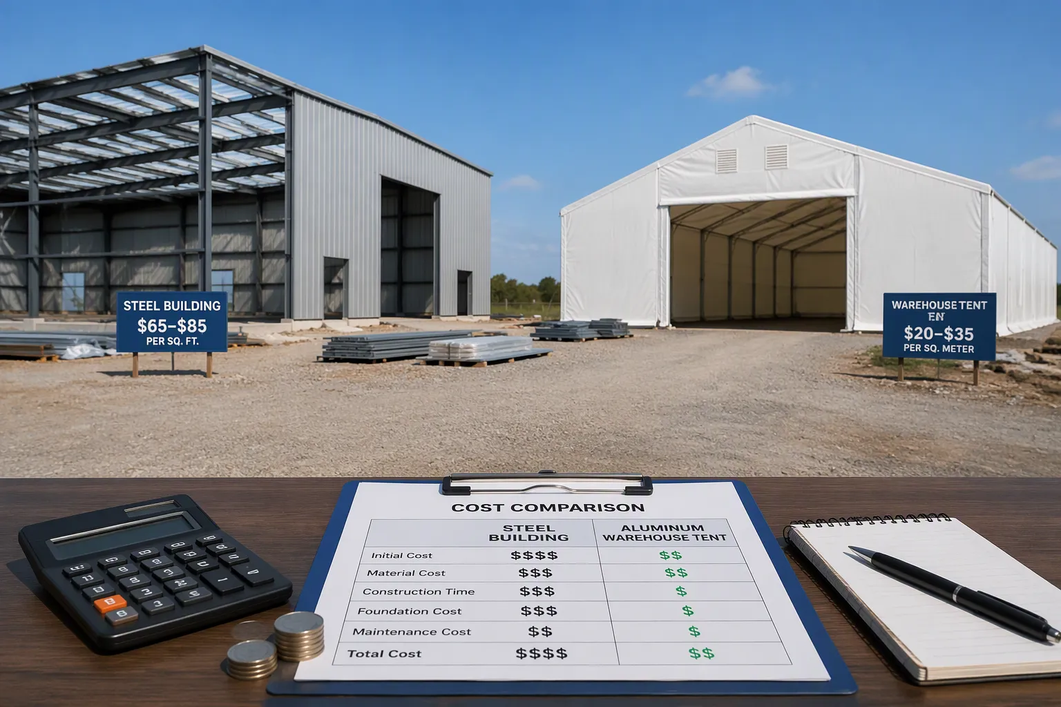 Upfront material pricing comparison chart for steel buildings vs aluminum warehouse tents