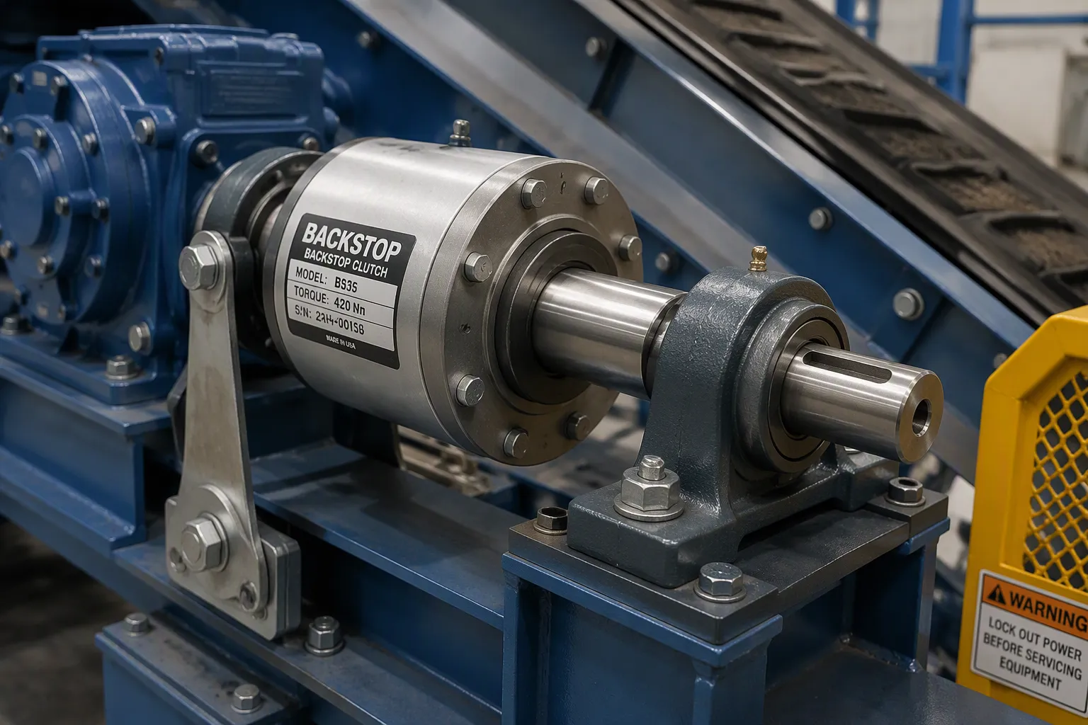 Technical diagram showing torque and speed criteria for conveyor backstops