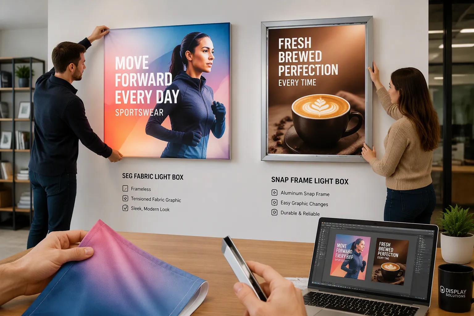 Decision-making flowchart for choosing between SEG fabric displays and traditional snap frame light boxes