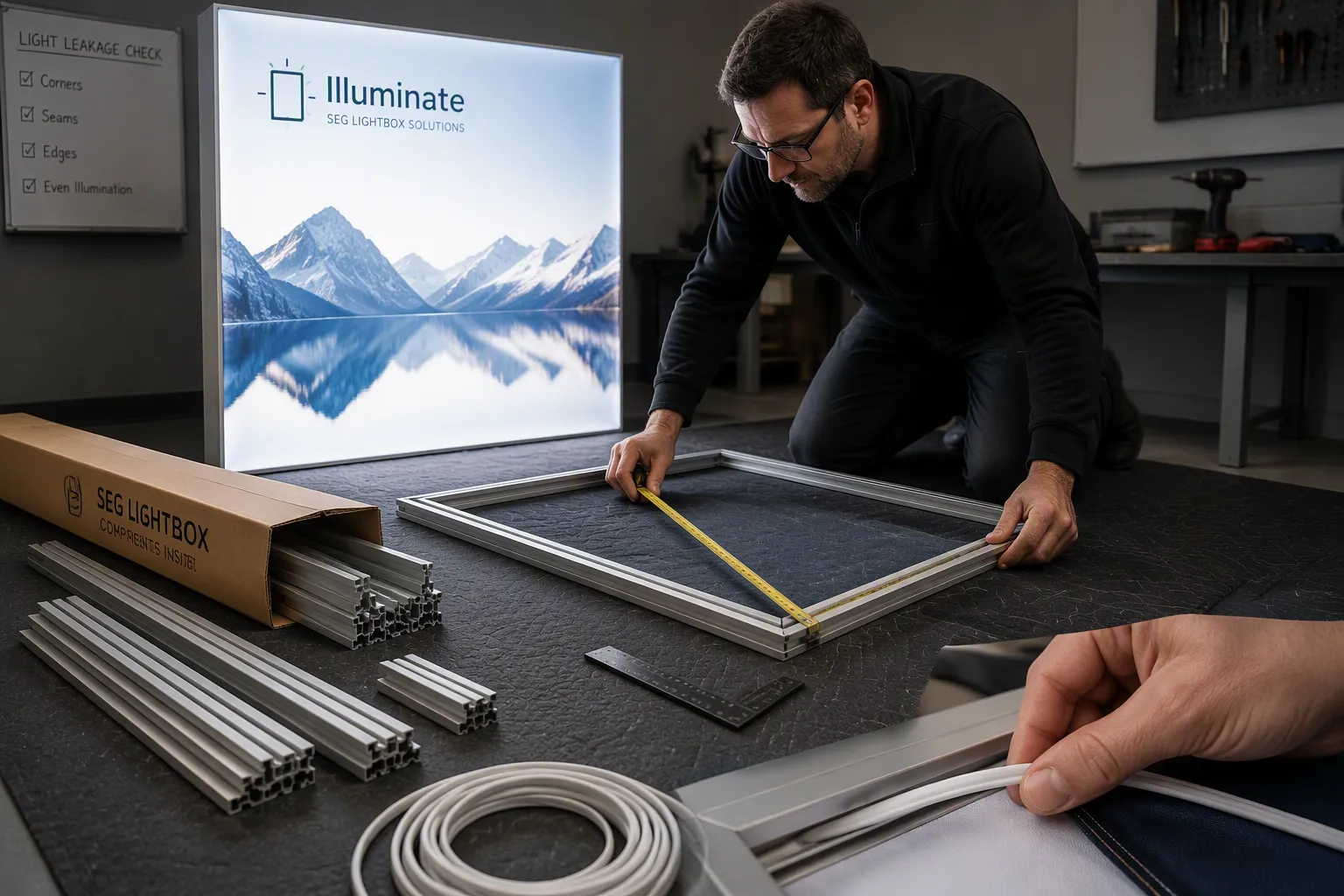 B2B buyer testing seg light box fabric tension and keder channel compatibility