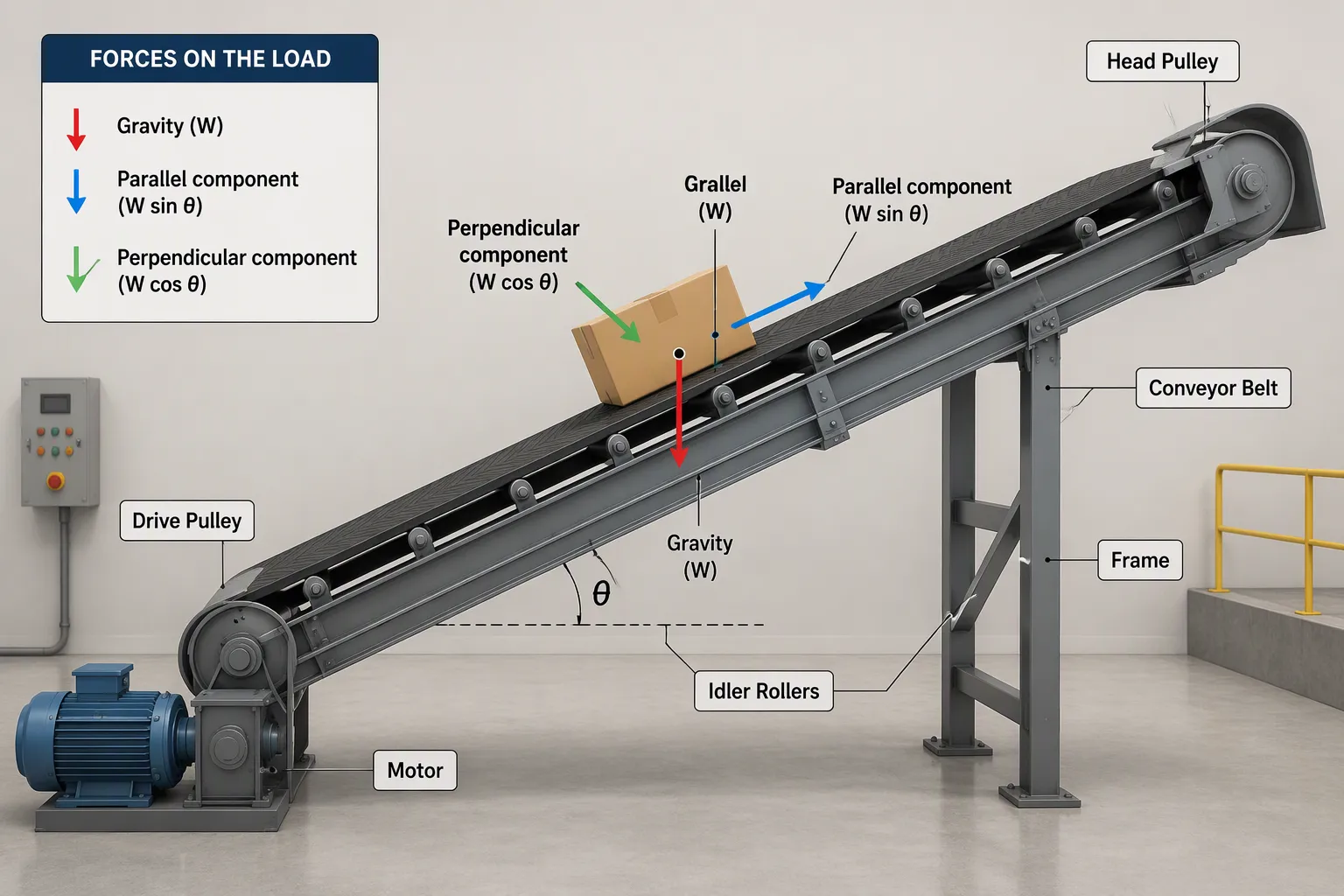 Force diagram on an inclined conveyor showing the downhill gravity component and the normal load that generates friction