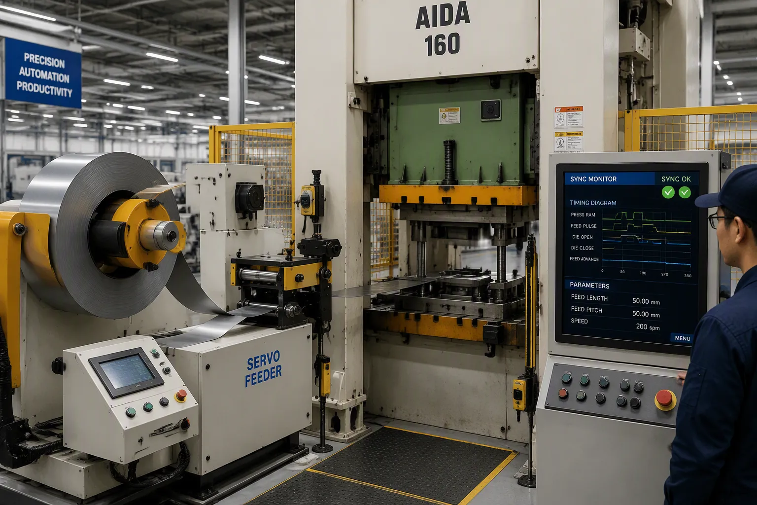 Servo Feeder Integrated with Stamping Press Line and 3-in-1 System Servo feeder integrated with a stamping press line