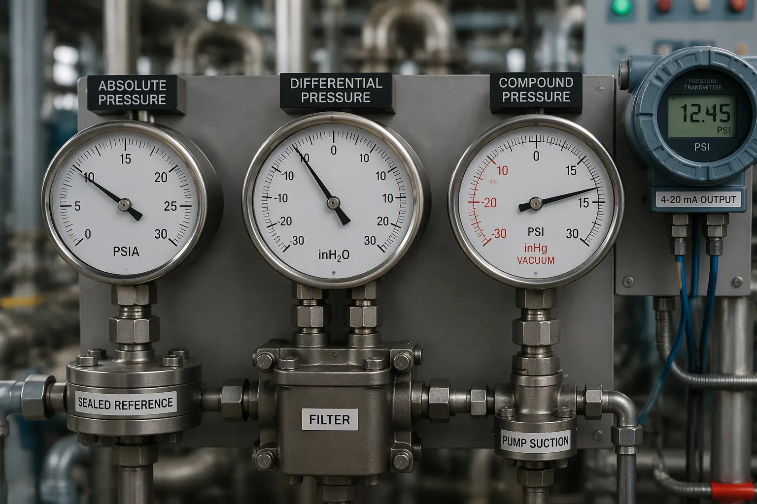 Specialized and electronic pressure gauges including absolute, differential, compound, and digital designs