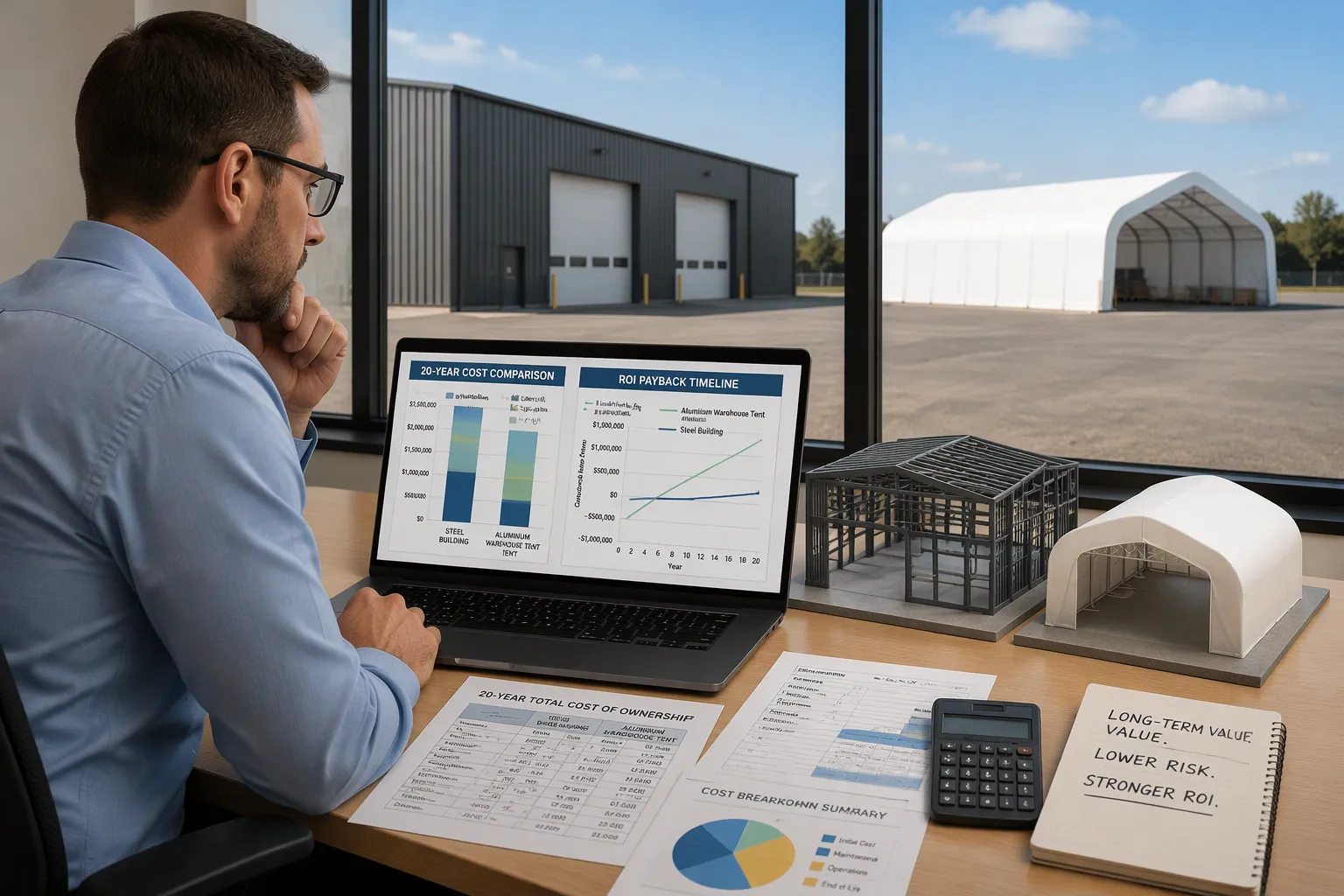 20-year total cost of ownership and ROI projection for steel vs tent structures