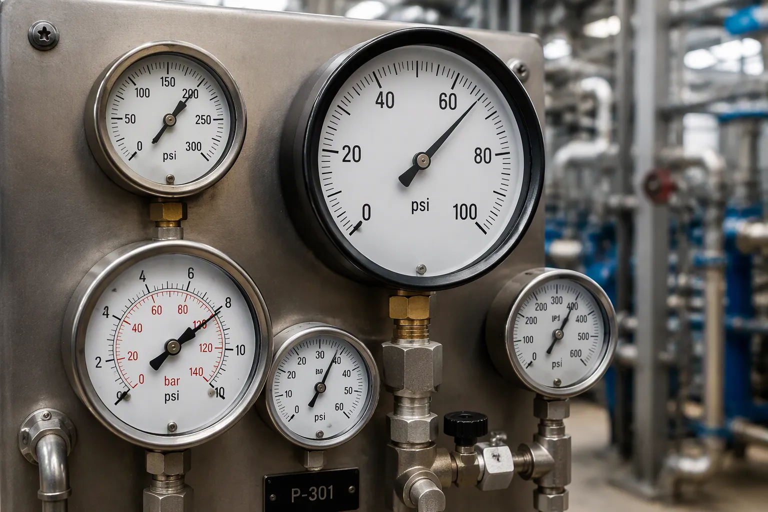 Industrial pressure gauges of different types including Bourdon tube, diaphragm, capsule, and digital designs