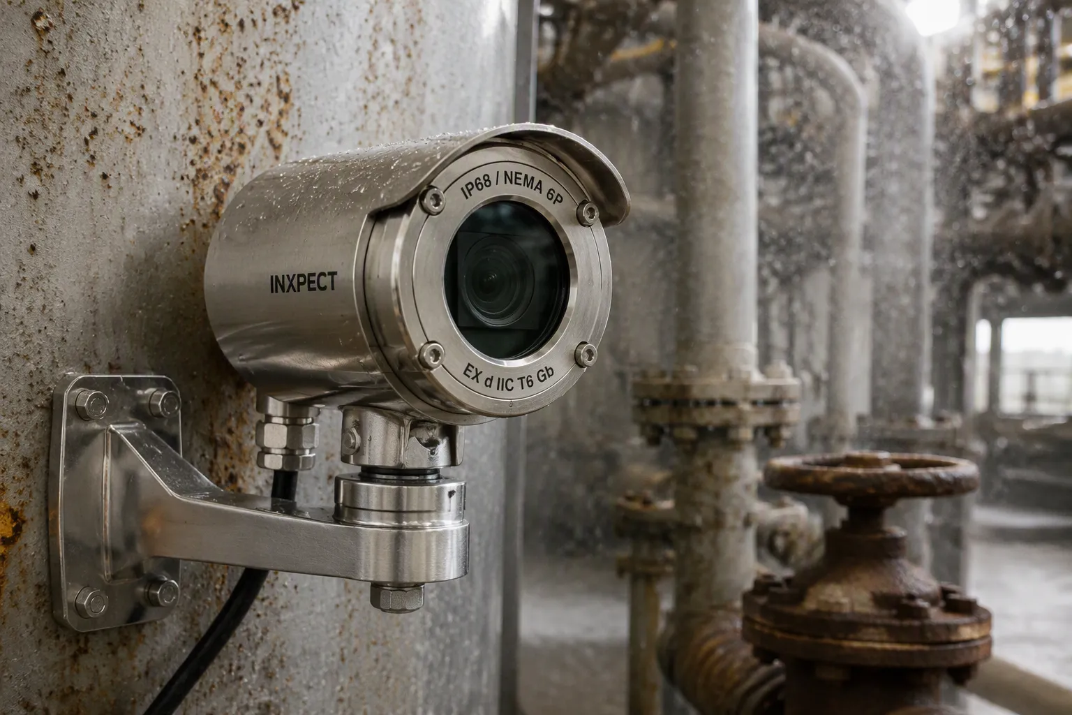 Stainless steel explosion-proof camera housing resisting chemical corrosion and dust in a petrochemical plant