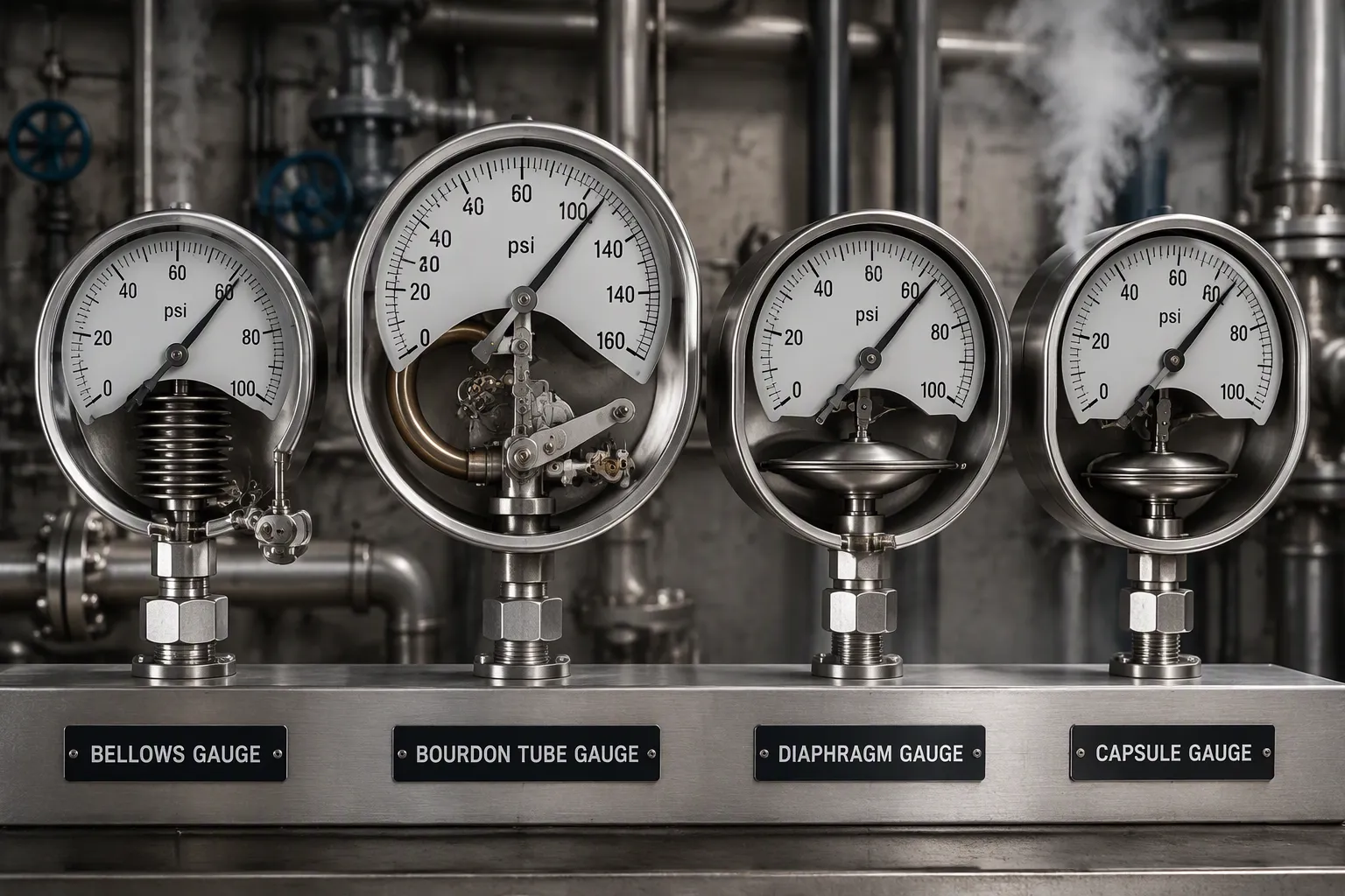 Mechanical pressure gauge designs including Bourdon tube, bellows, diaphragm, and capsule elements