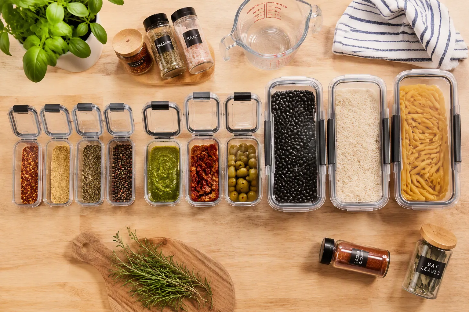 Various sizes of rectangular food storage containers for pantry organization