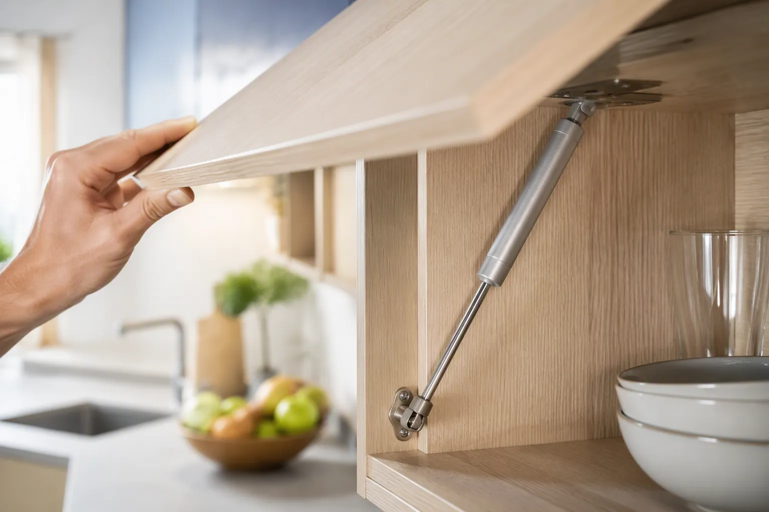 Furniture cabinet door with soft-close gas spring installed