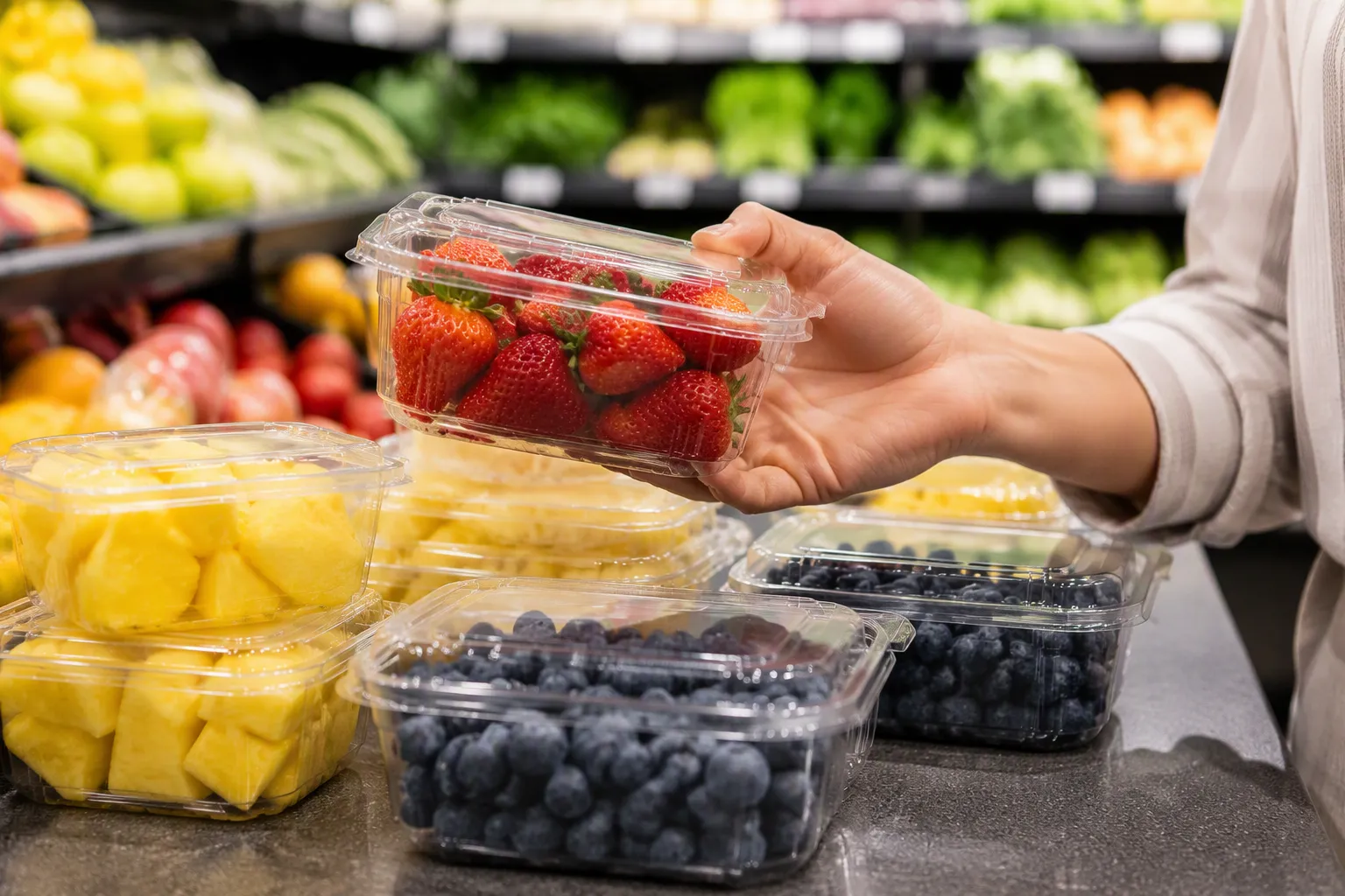 Clear ventilated PET clamshell containers filled with fresh strawberries and blueberries on a supermarket shelf