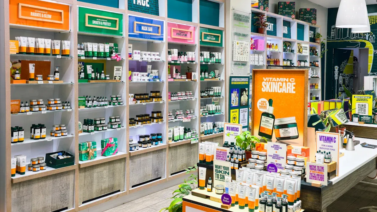 Shelf Pusher System makes cosmetics look neat and fresh