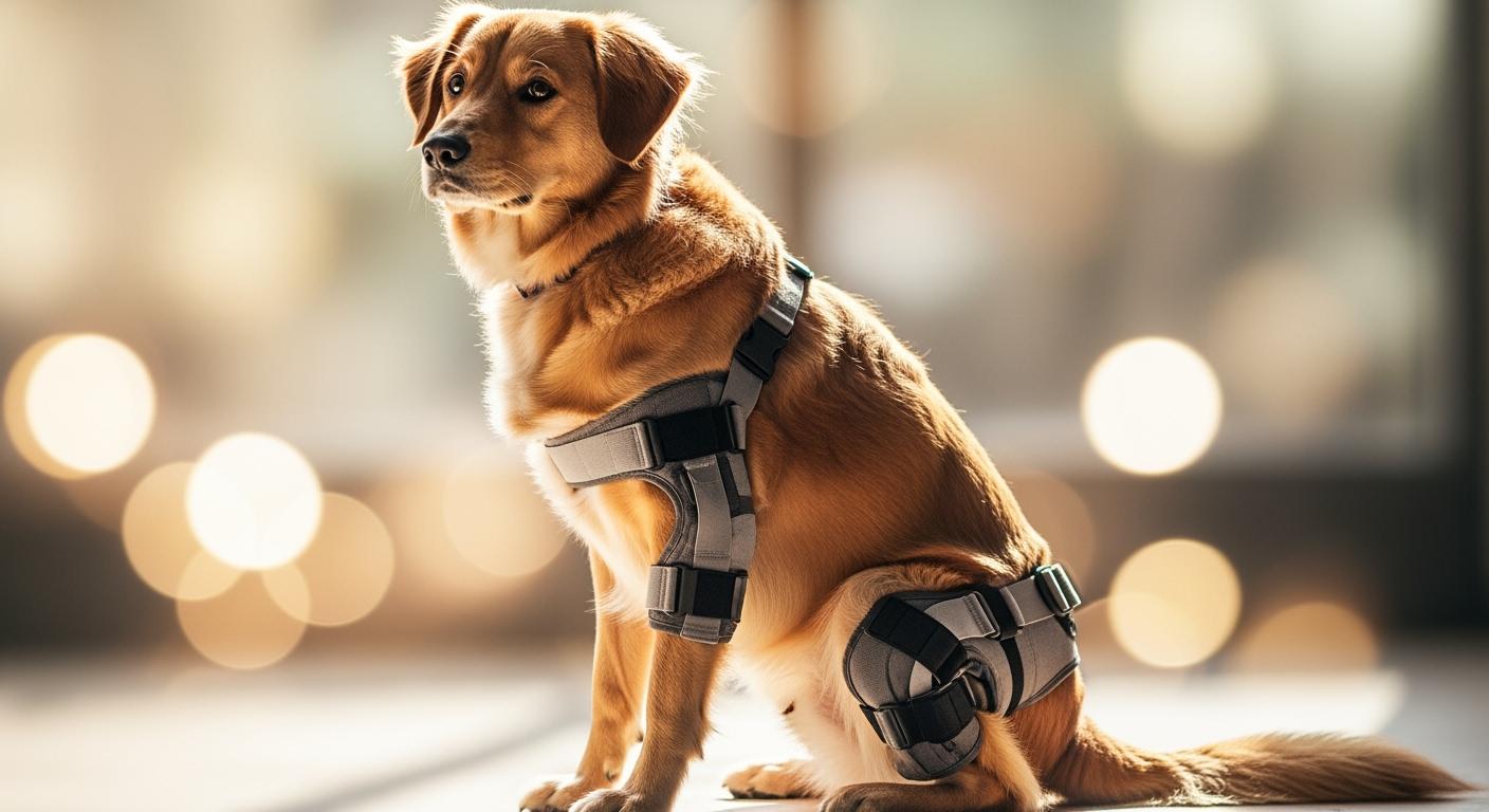 Dog wearing a rear-leg support brace during a supervised walk