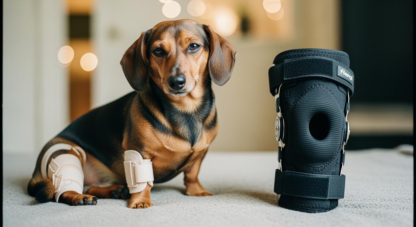Small dog wearing a low-profile knee brace walking on grass