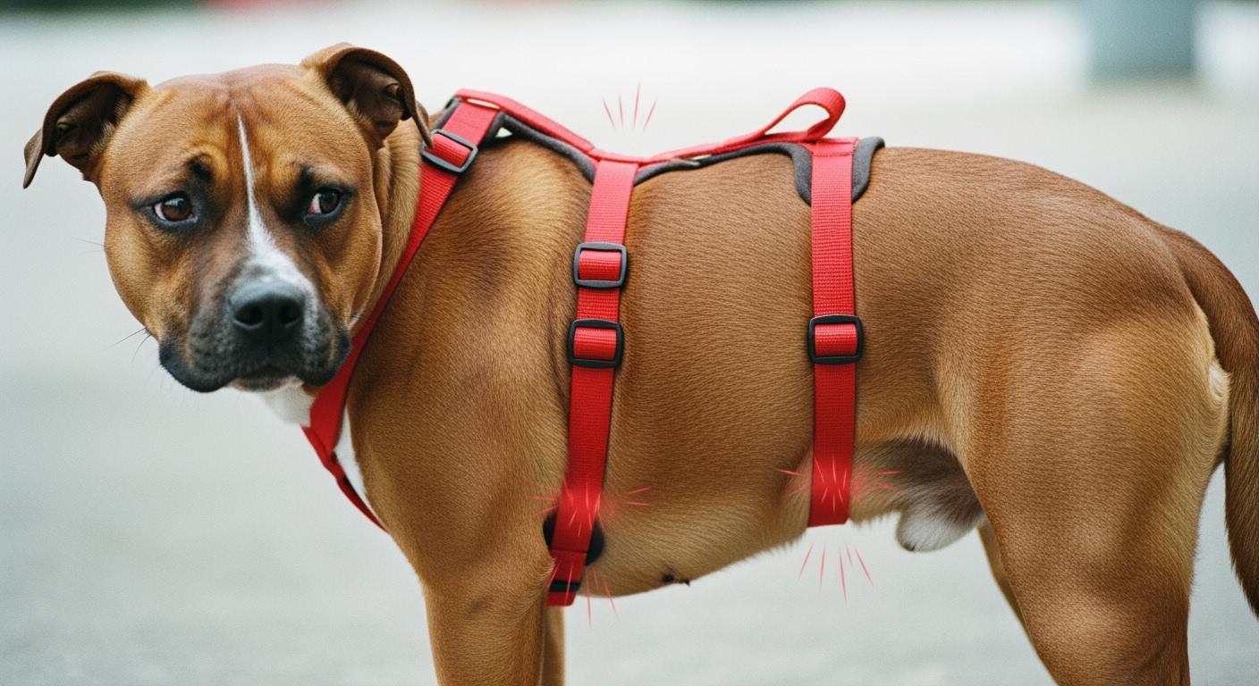 Dog wearing a lifting harness with wide belly support panel